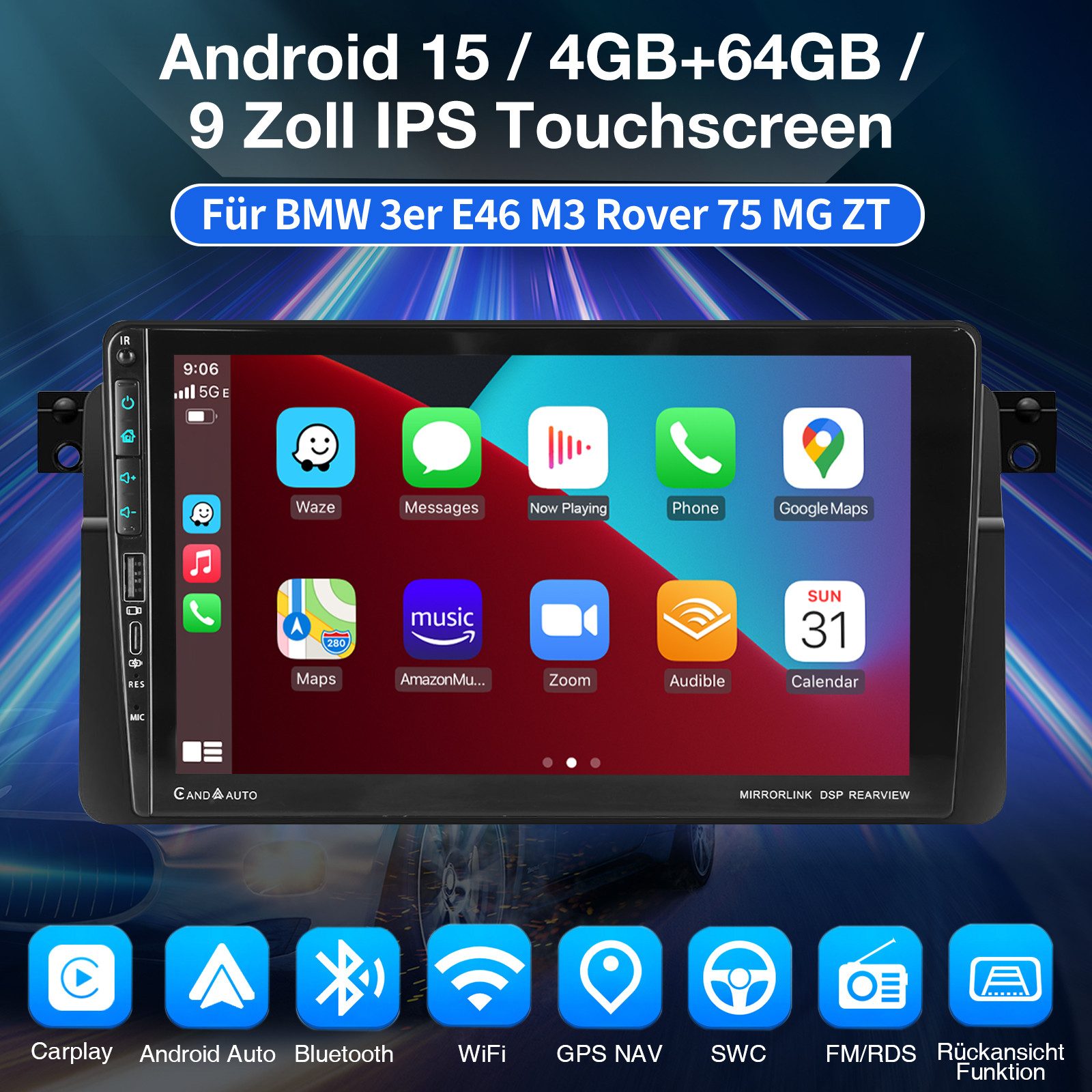 ESSGOO 9" Android 15 Autoradio für BMW 3er E46 1998–2006 CarPlay GPS Mit USB Autoradio (4+64GB(optional), Digitalradio (DAB), FM, USB und Type-C, AM, SWC, GPS Navi Android Auto Bluetooth EQ USB WIFI IPS Touchscreen)