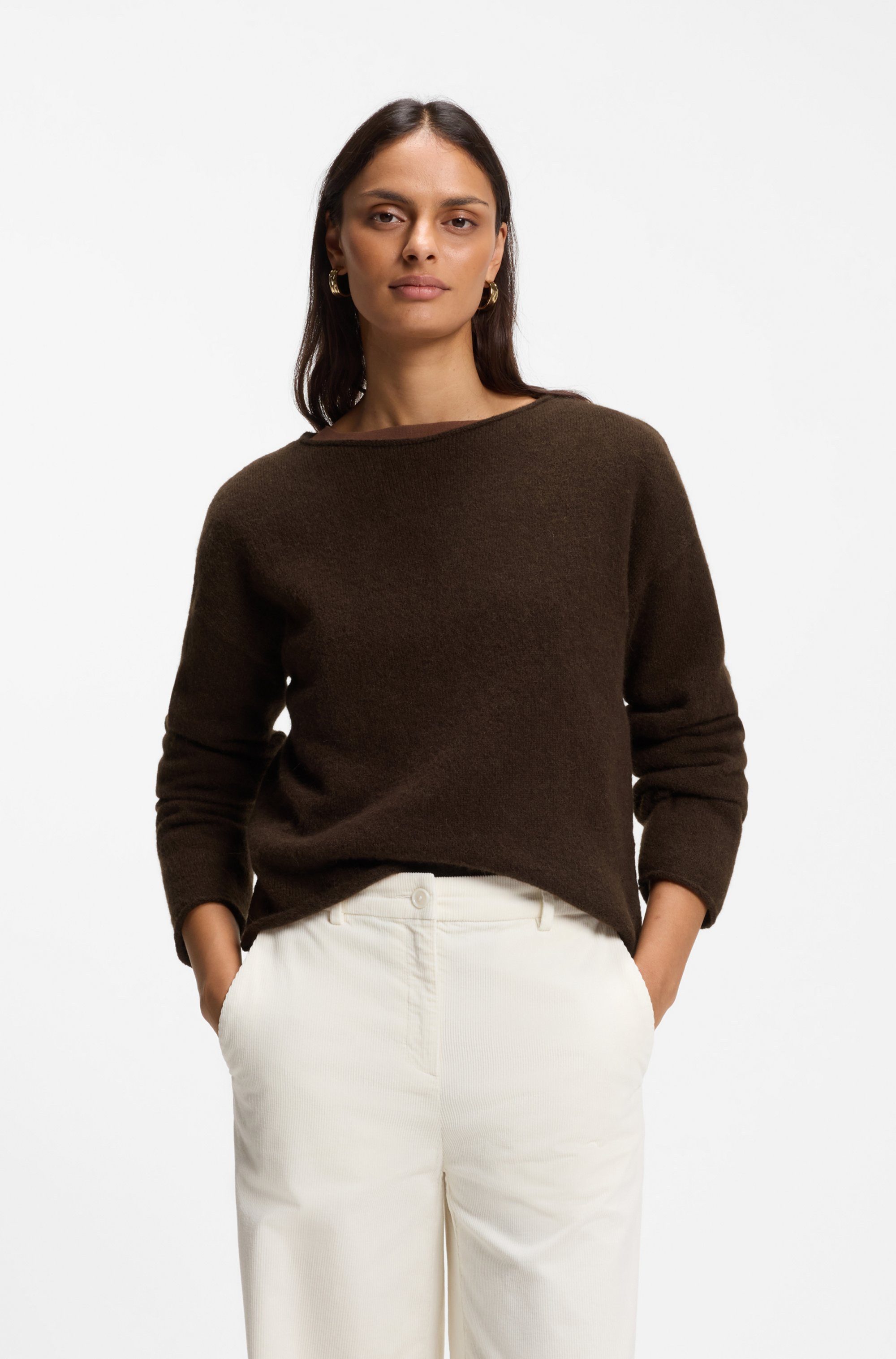 BOSS ORANGE Rundhalspullover Follettino Premium Damenmode mit Alpaka und Wolle, Relaxed Fit