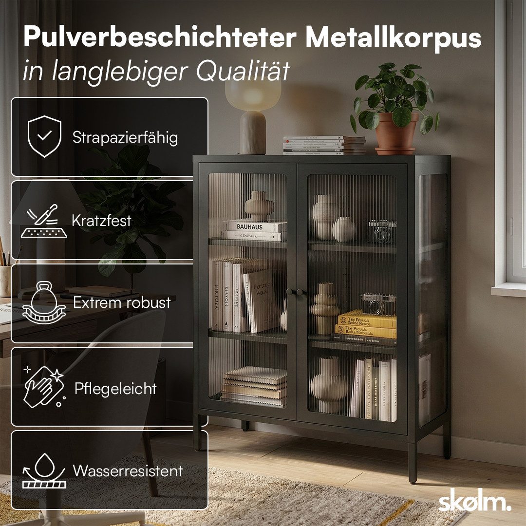 skølm Highboard Norns Vitrinenschrank mit Glastüren (schwarz, bis 80 kg belastbar, kratzfest), Metallkommode mit verstellbaren Fächern, Sideboard 100x38x80 cm