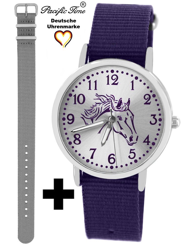Pacific Time Quarzuhr Set Kinder Armbanduhr Pferd violett Wechselarmband, Mix und Match Design - Gratis Versand grau und violett