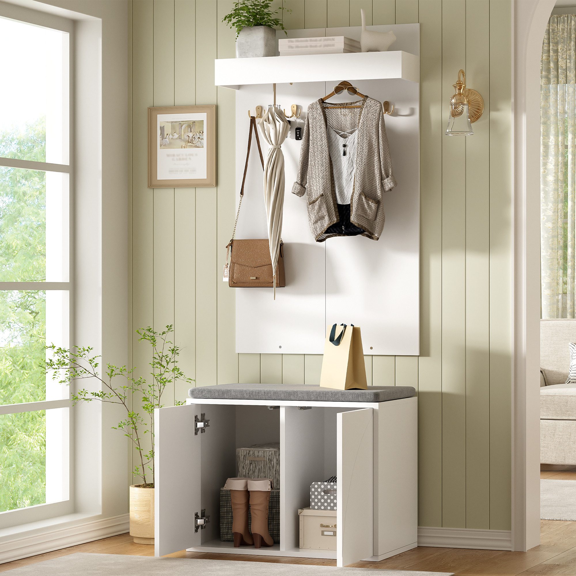 Flieks Garderoben-Set Kompaktgarderobe Kleiderständer mit 4 Haken, Schuhbank mit Kissen, (Set, 2-St., 60×35×(45+100) cm), Garderobenständer Schuhschrank Kleider – Bild 4 von 5