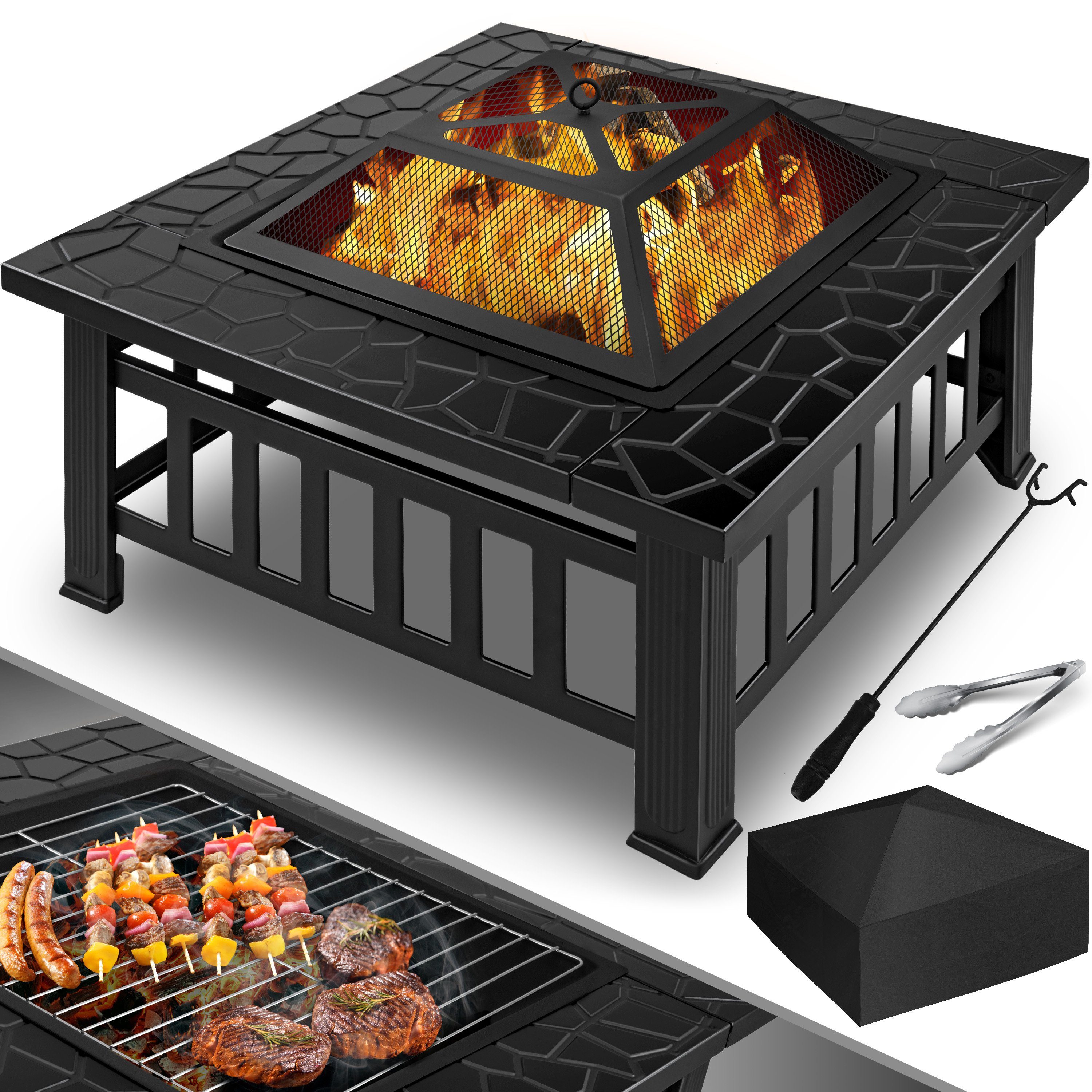 KESSER Feuerschale, Feuerstelle mit Grillrost & Grillzange Feuerschale  82x82x50cm 3in1 Multifunktional Fire Pit für Heizung/BBQ Grill Garten  Terrasse Metall Feuerkorb mit Schutzhülle Schürhaken Funkenschutz