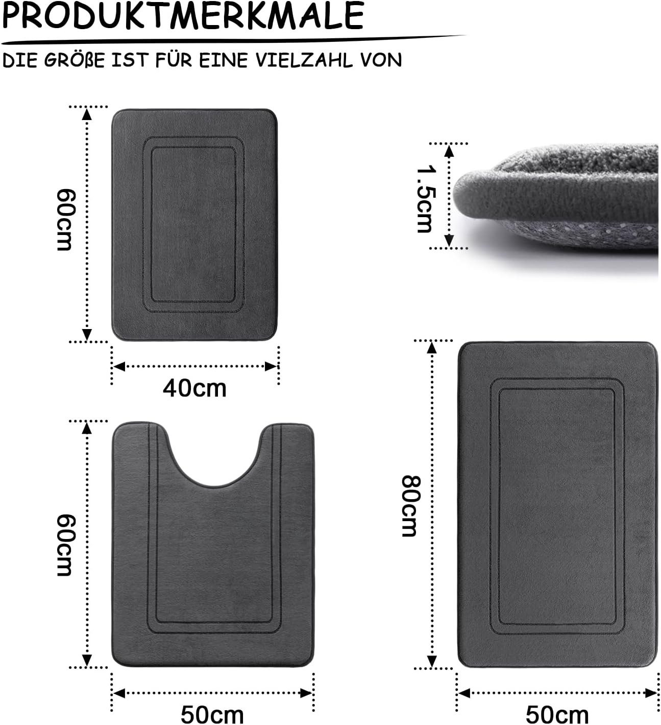 FELIXLEO Badematte Badematten Set 3-teilig, Memory-Schaum & rutschfest, Anthrazit