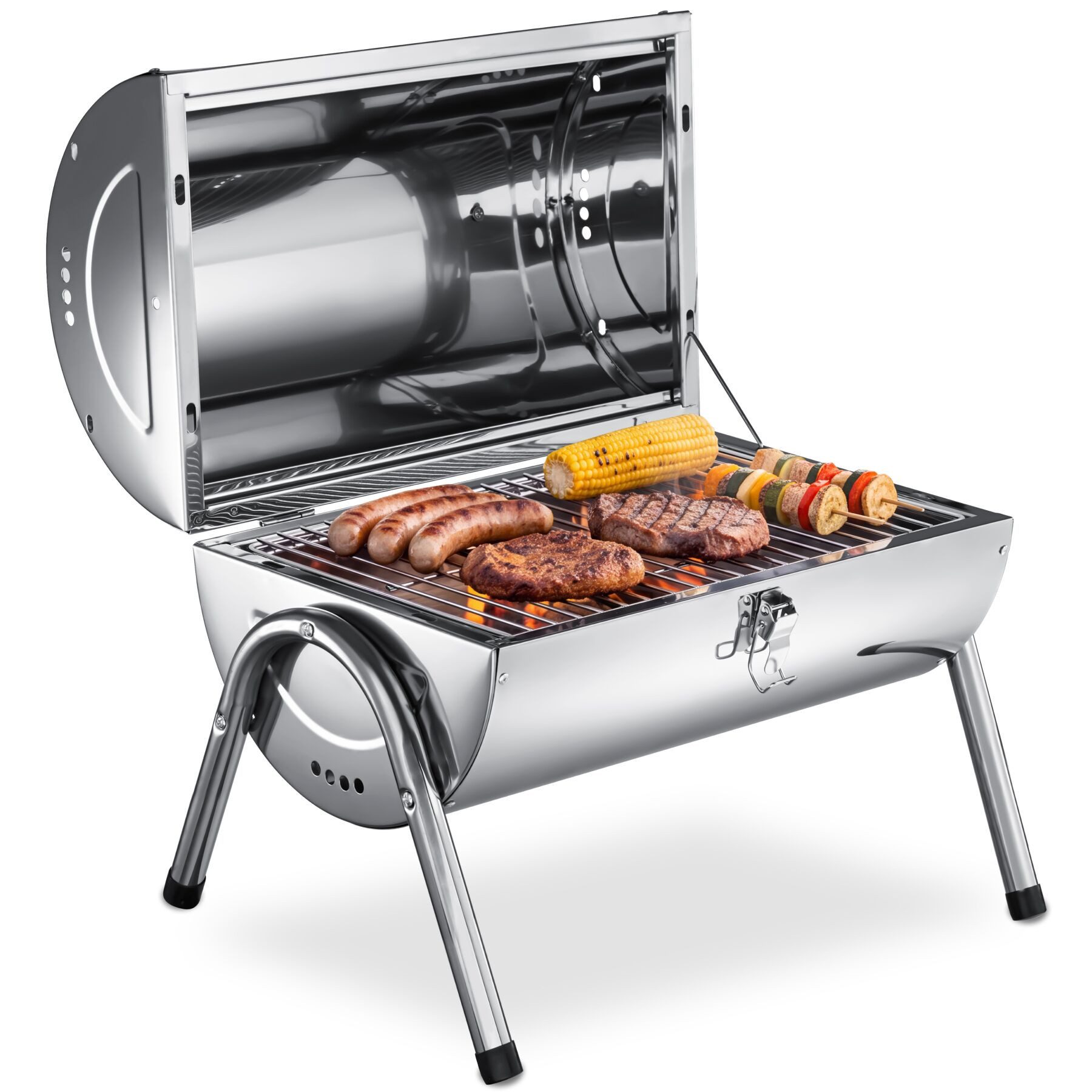 tectake Holzkohlegrill Wetterfester Grill aus Edelstahl mit Doppel-Grillfläche, Kohlewannen, Outdoorgrill, in Schwarz, Inkl. 2 Grillrostheber, schnelle Montage, geringes Gewicht
