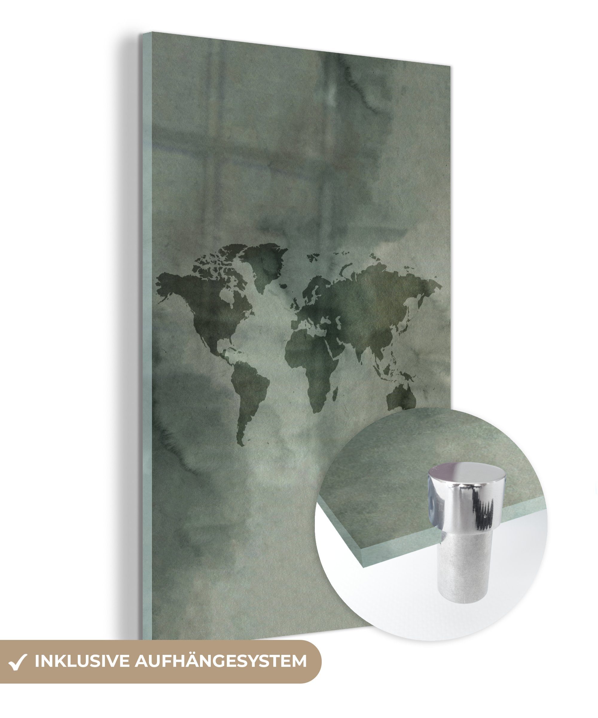 MuchoWow Acrylglasbild Weltkarte - Aquarellfarbe - Grün - Grau, (1 St), Glasbilder - Bilder auf Glas Wandbild - Foto auf Glas - Wanddekoration