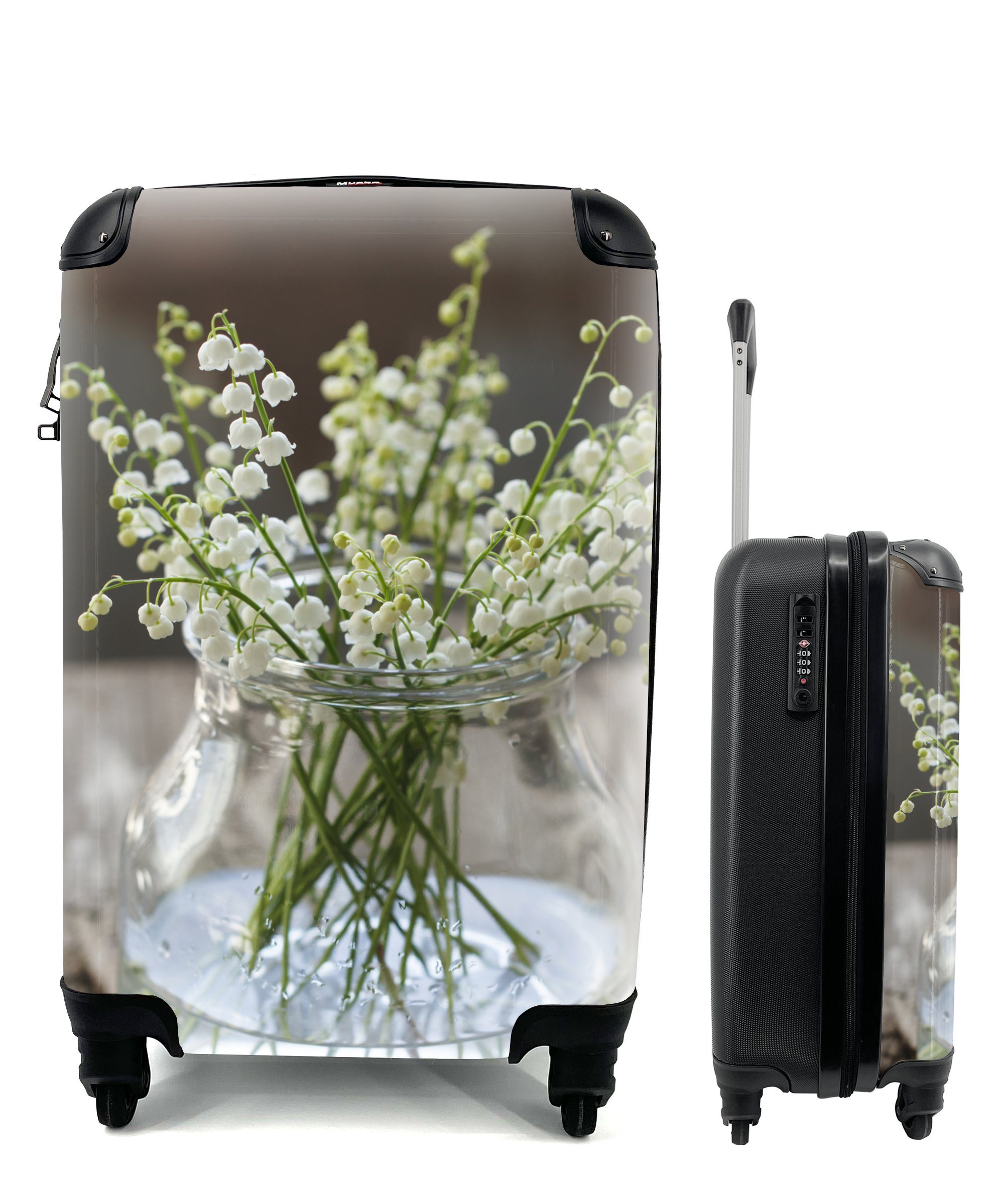 Reisekoffer Rollen, 4 Vase, Ferien, MuchoWow einer transparenten rollen, für Handgepäckkoffer Trolley, Handgepäck in mit Maiglöckchen Reisetasche