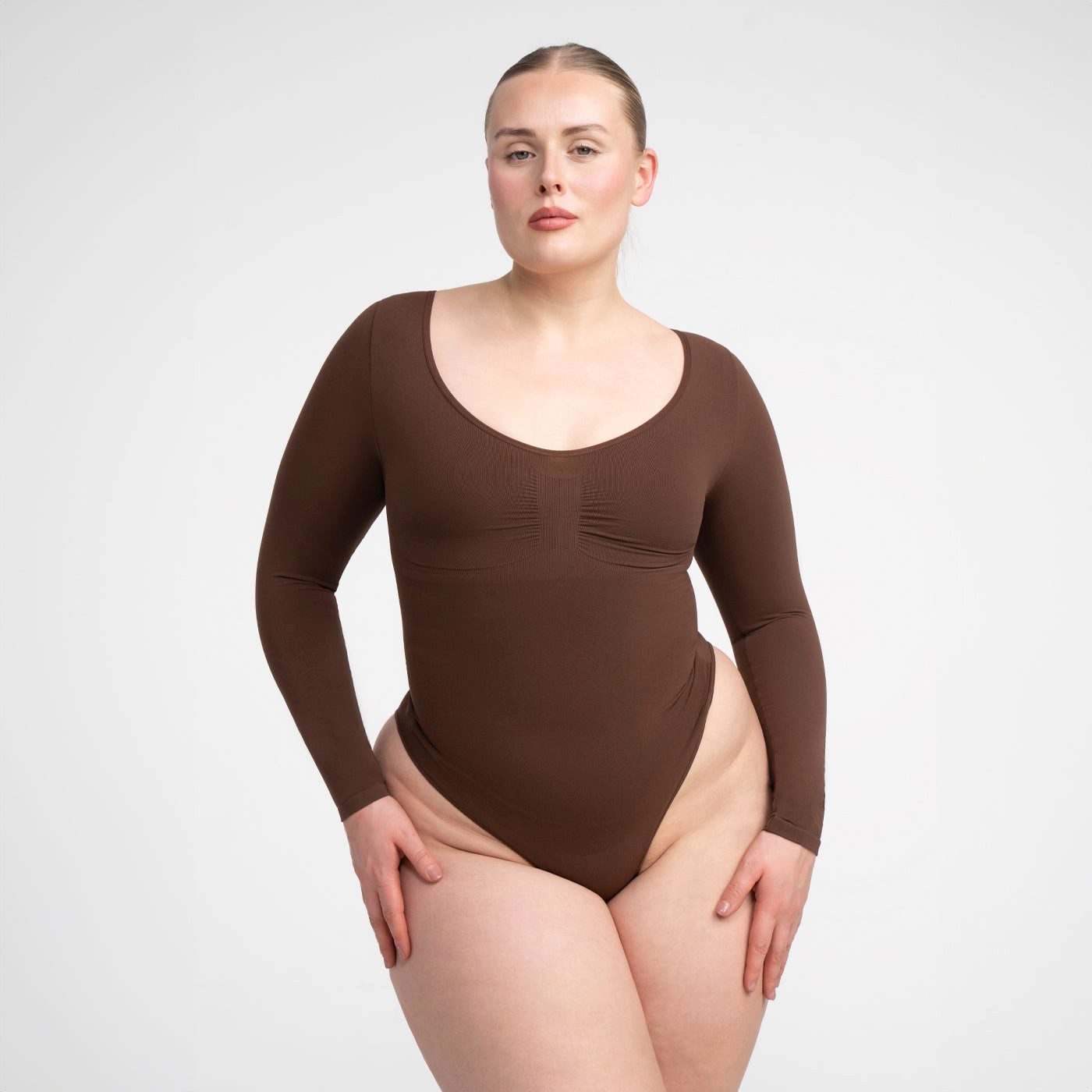Creamy Fabrics Miederbody Bodysuit Sculpting Shapewear Longsleeve mit Slip-Braun-5XL (1-tlg) Figurformend