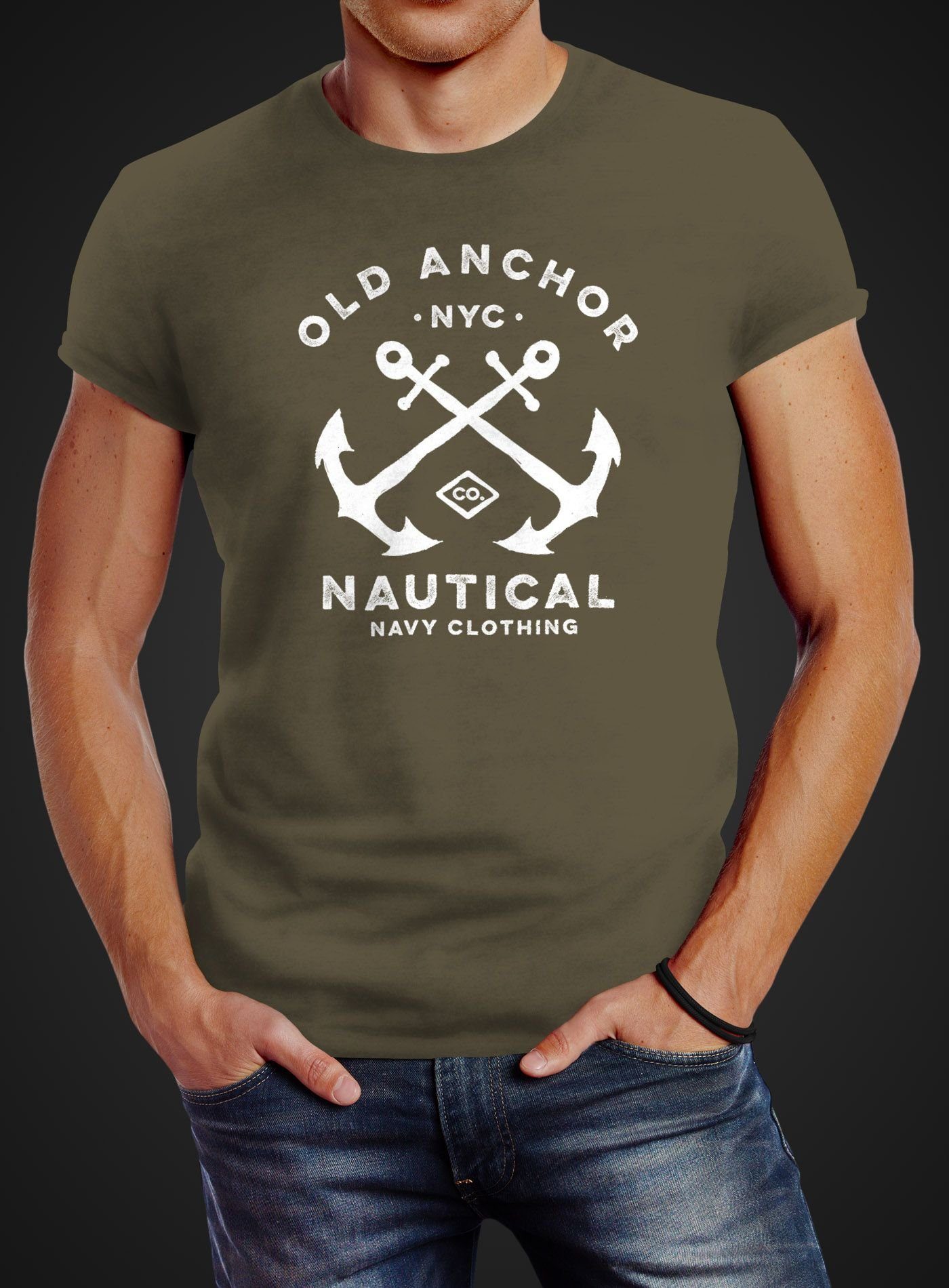 Neverless® Nautical Old Print-Shirt gekreuzte Neverless mit grün T-Shirt Herren Anchor Print Anker