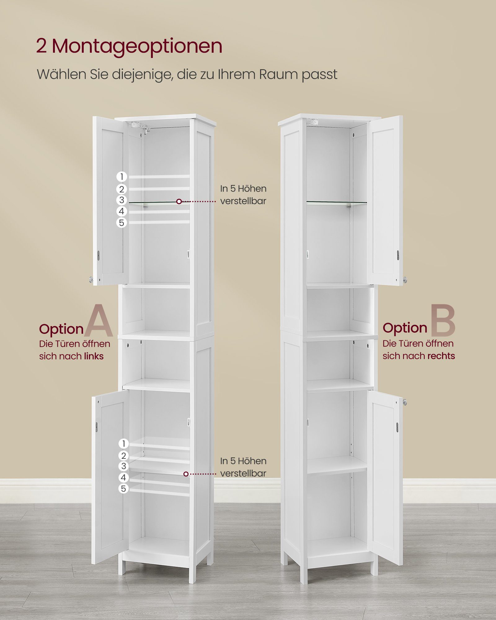 VASAGLE Badkommode Badezimmerschrank schlanker Badschrank mit Beleuchtung, 30 cm breit, mit verstellbaren Ablagen, modern, hoch, für kleine Räume – Bild 5 von 5