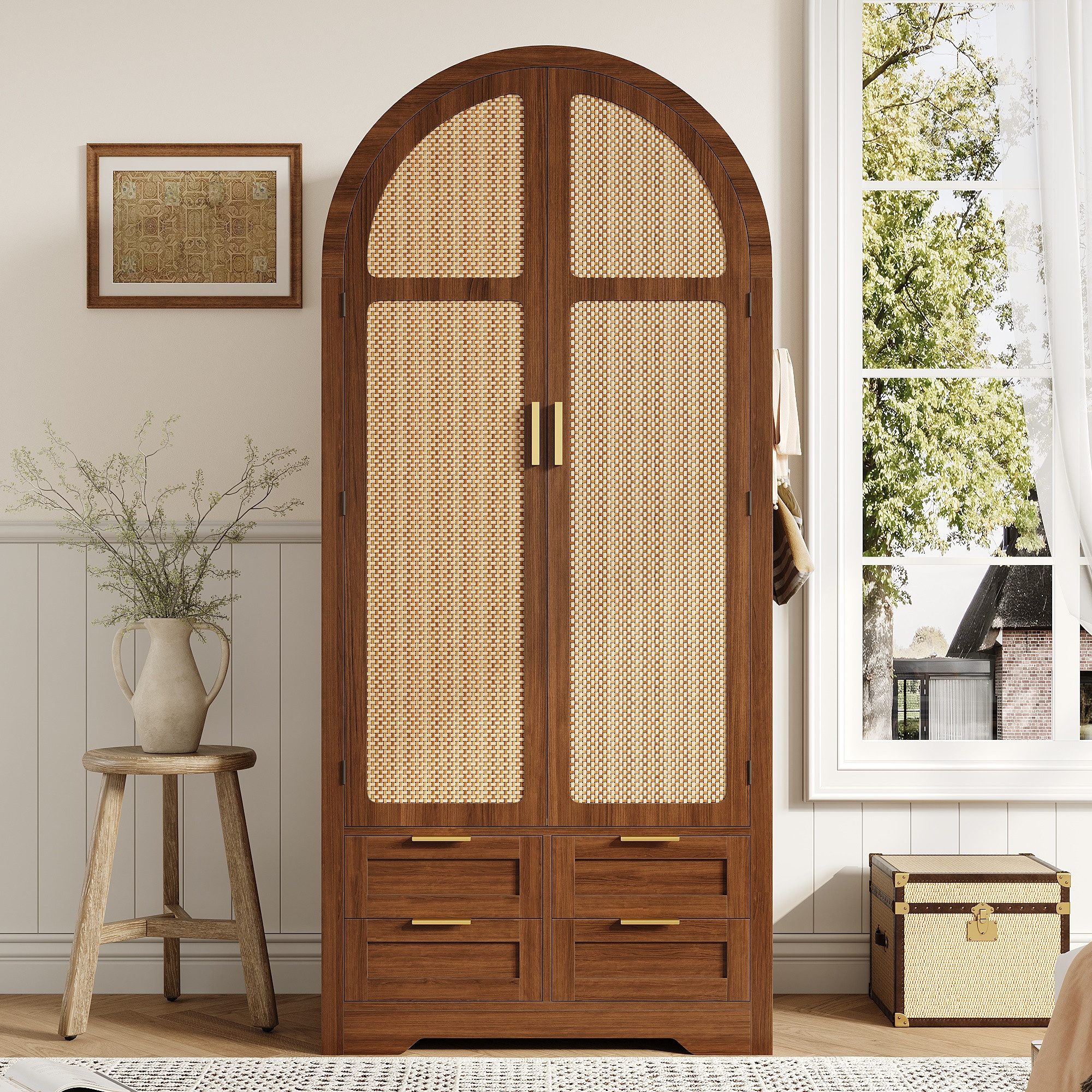 Merax Kleiderschrank mit Stofftüren, Schublade & Kleiderstange (Kommode, 1-St., für Gäste- & Ankleidezimmer) Garderobenschrank mit geschwungenen Türen & Rattanfront, 80x50x179 cm