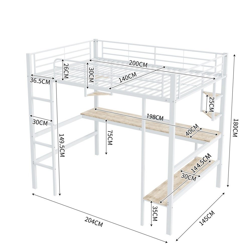 Ulife Loft Bed 140x200 with Desk & Shelves (White, Metal) White