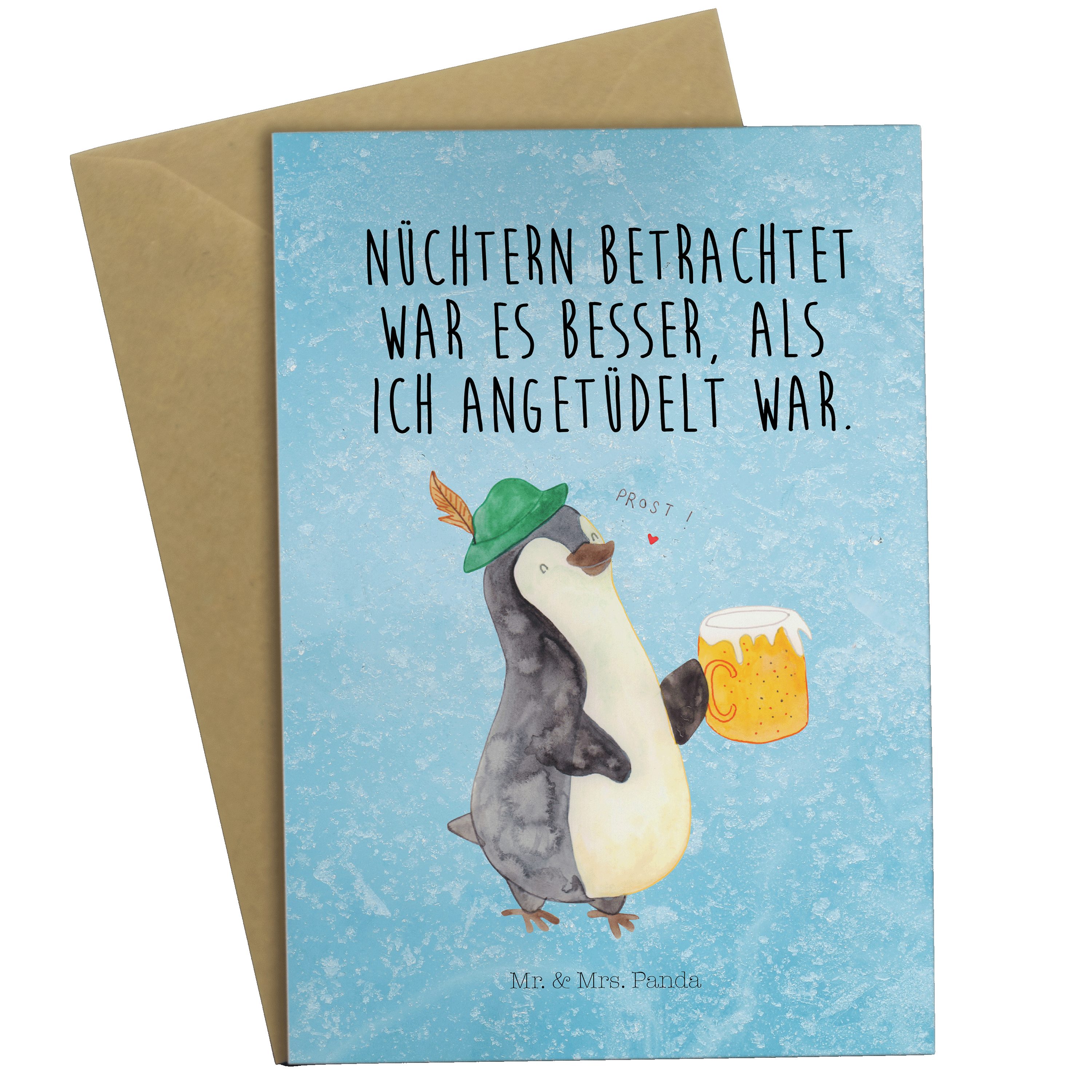 Mr. & Mrs. Panda Grußkarte Pinguin Bier - Eisblau - Geschenk, Glückwunschkarte, Bierchen, Einlad