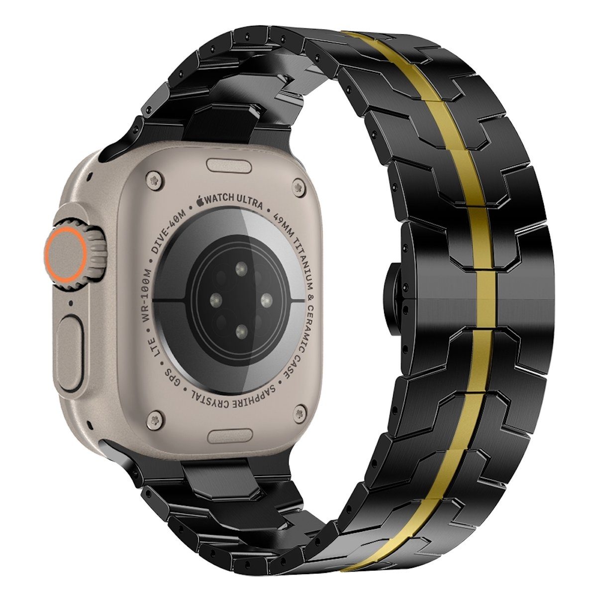 Wigento Smartwatch-Armband Für Apple Watch Series Ultra 49mm 8 7 45 / 6 SE  5 4 44 / 3 2 1 42mm Deluxe Stahl Ersatz Armband Schwarz / Gold Smart Uhr
