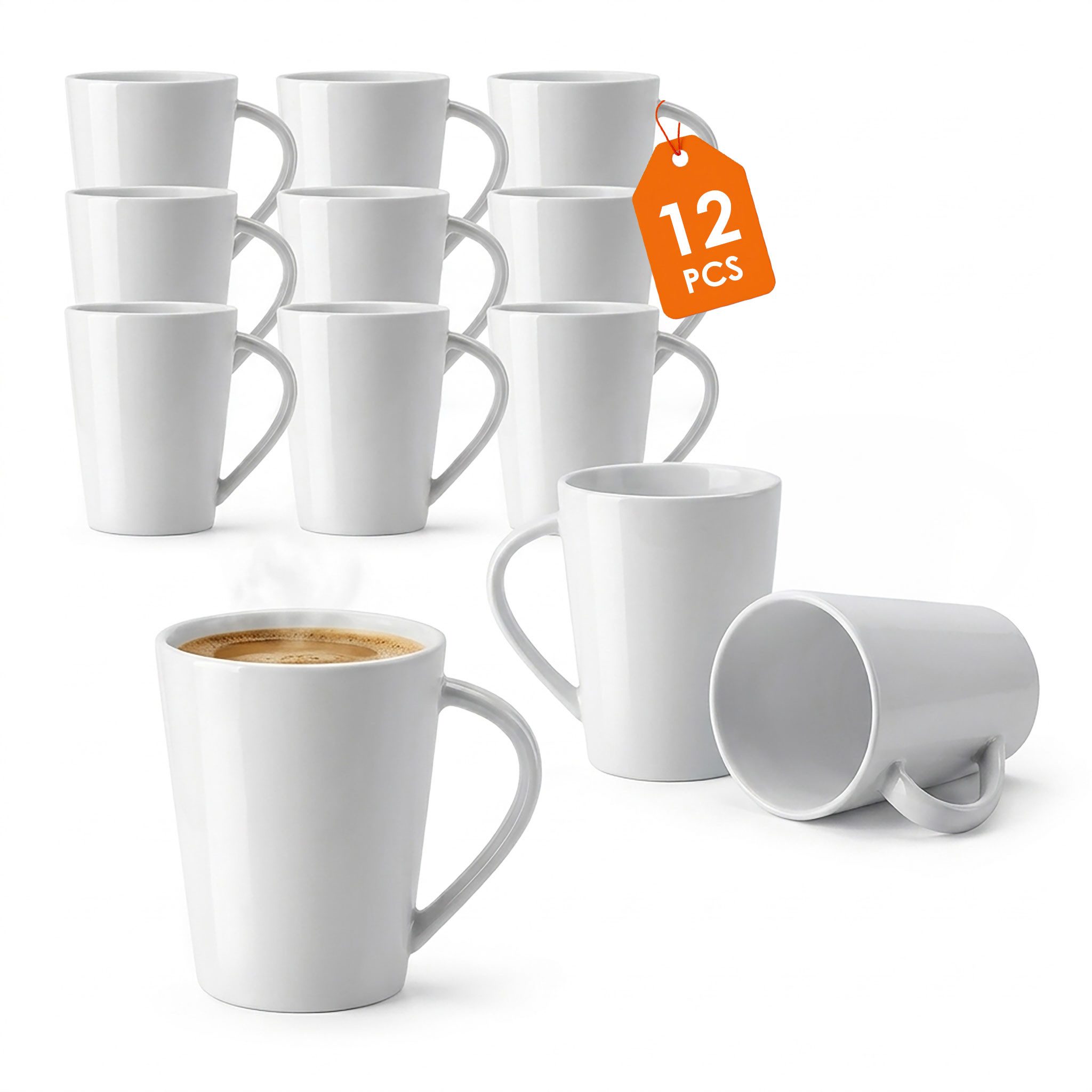 Spetebo Tasse Kaffeegeschirr mit Henkel in weiß, 12-tlg., Porzellan, Kaffeebecher für Büro, Gastronomie und Zuhause