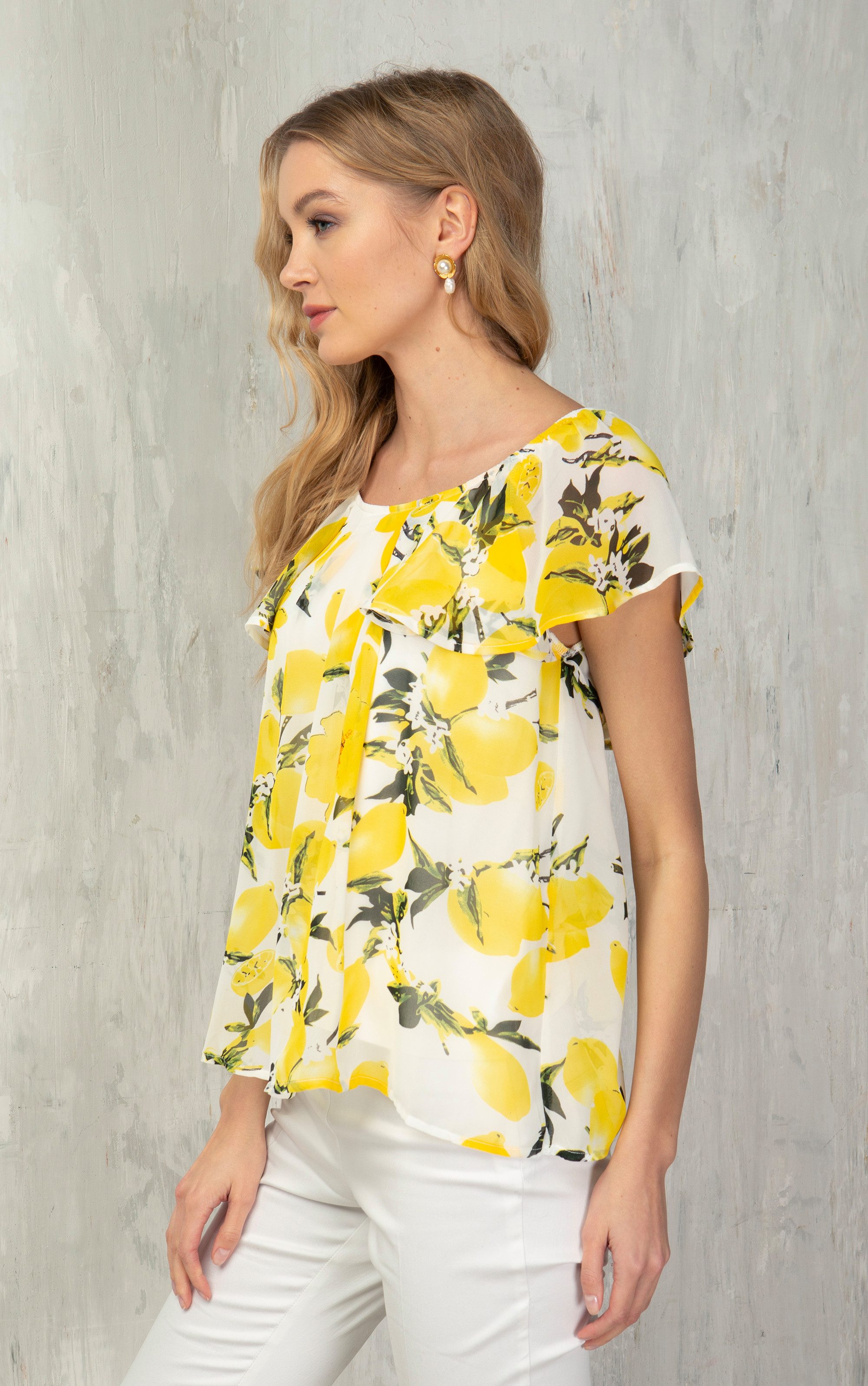 Passioni Chiffontunika mit Zitronen- und Blumendruck