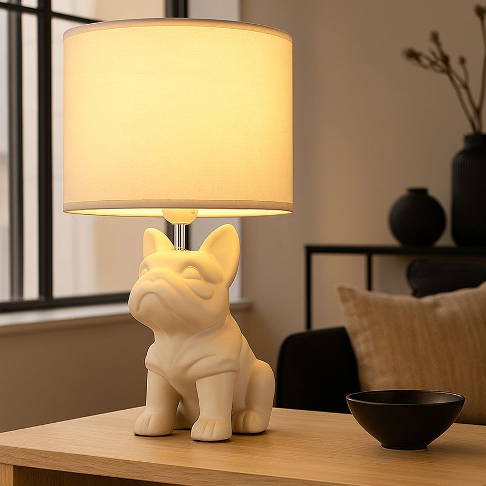 GLOBO LIGHTING Tischleuchte, Leuchtmittel nicht inklusive, Tischleuchte Nachttischlampe Leselampe Hund Keramik Textil sand H 40cm