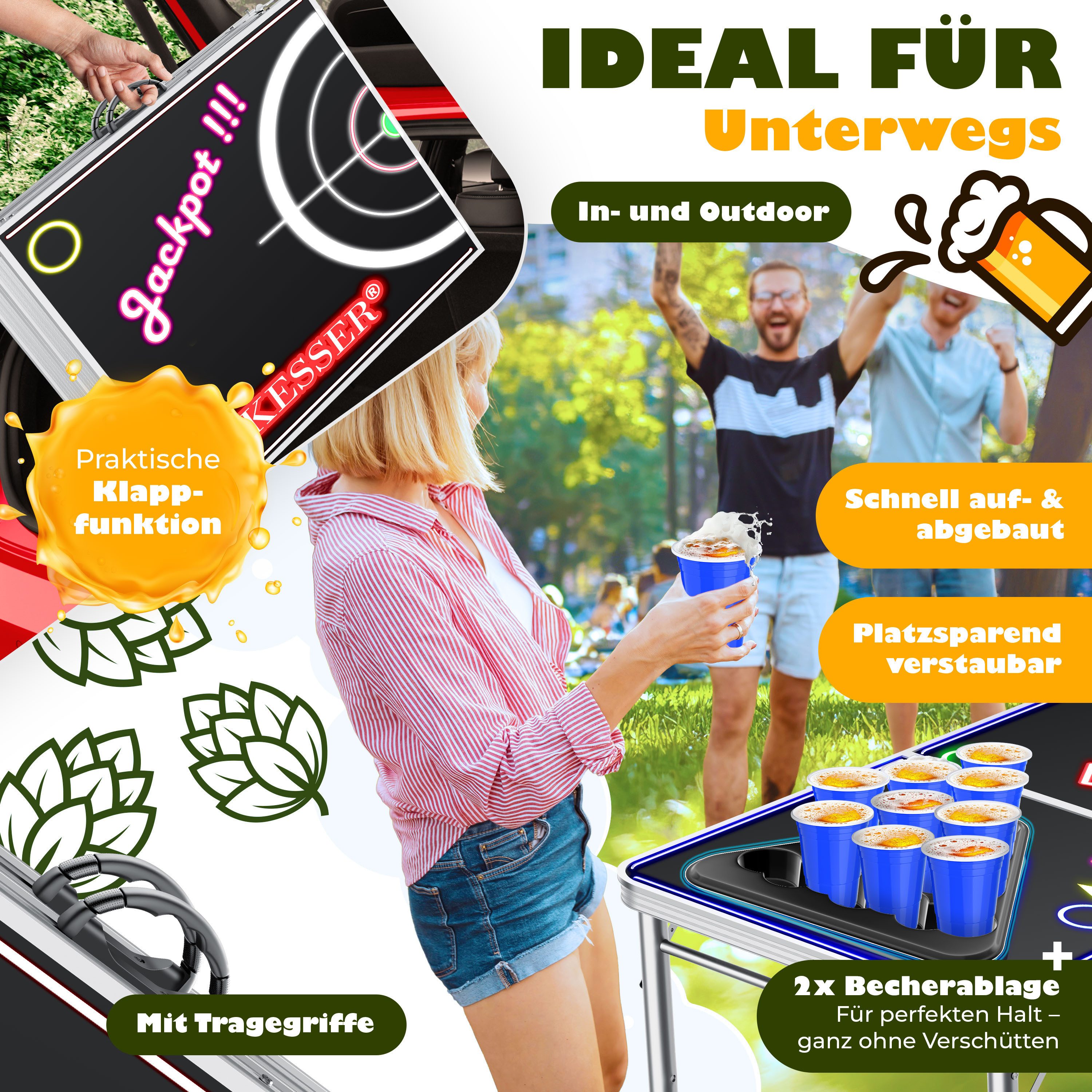KESSER Spieltisch Bier Pong Tisch, Spiel-Set mit Kartenspiel, LED, 100 Becher & 6 Bälle, Bierpong Tisch inkl. Regelwerk, Kartenspiel, 100 Becher & 6 Bälle