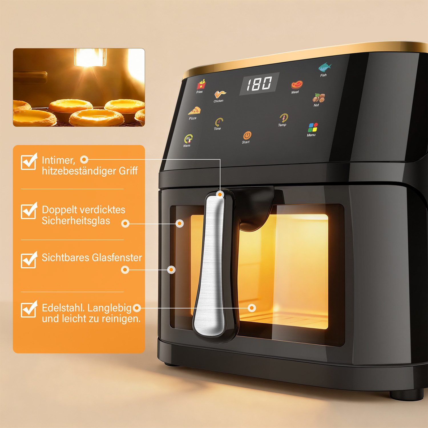 oyajia Heißluftfritteuse Air Fryer 9L XXL Heissluftfritteuse mit Sichtfenster, LED-Display, einstellbare Temperatur, 60-Minuten-Timer, Gesunde Friteuse ohne Öl, 1800 W