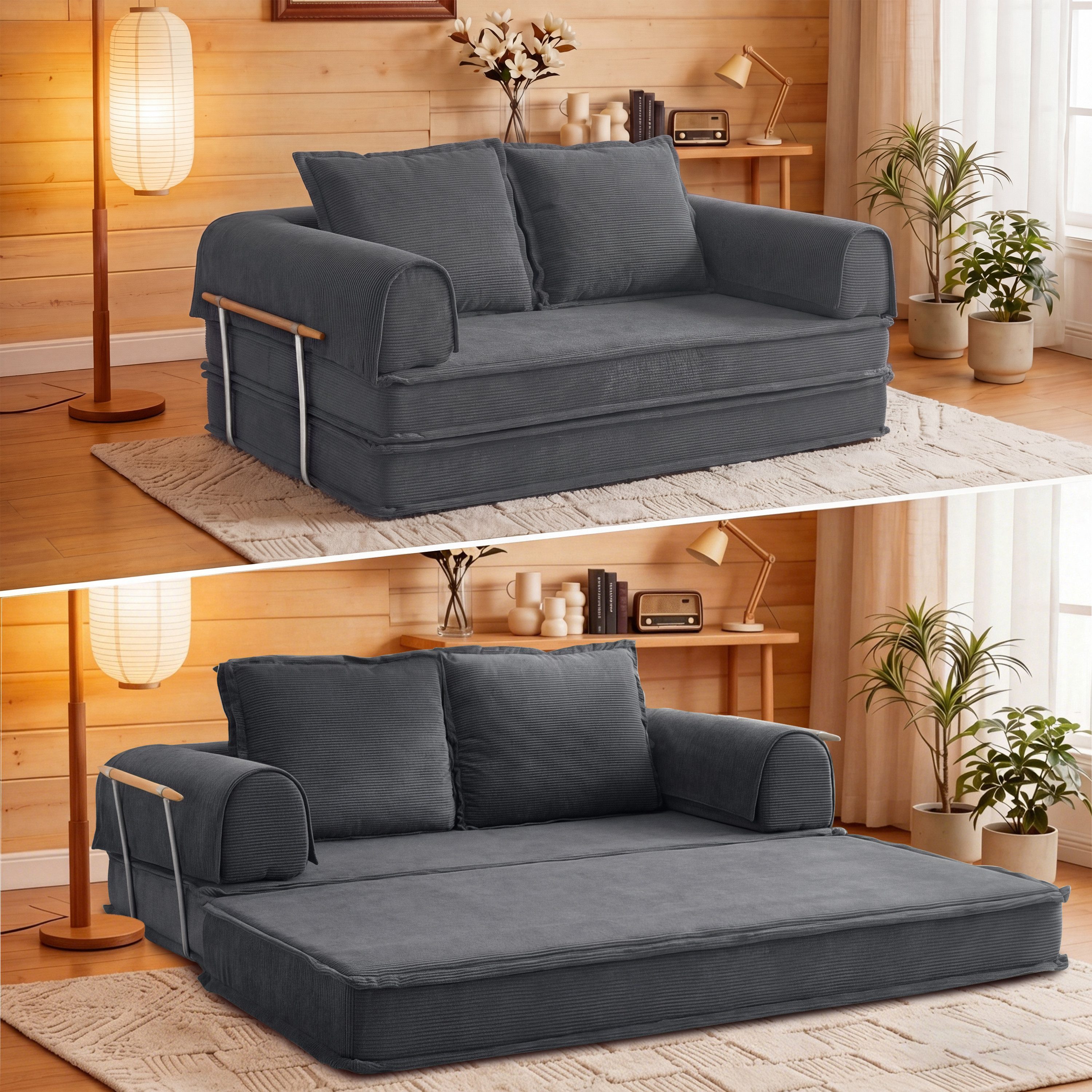 Vipbear Schlafsofa 200cm Cord Schlafsofa, Memory Foam, 4-in-1 Multifunktionssofa, 1 Teile, 200×103×73cm, grau, Schlaf Couch