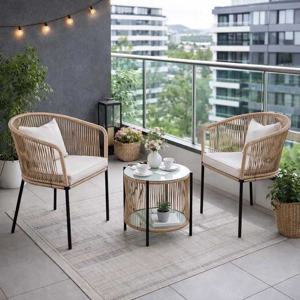 ESTEXO Sitzgruppe Balkonset Gartenset Bistro Set Gartenmöbel Set Outdoor Rope Beige