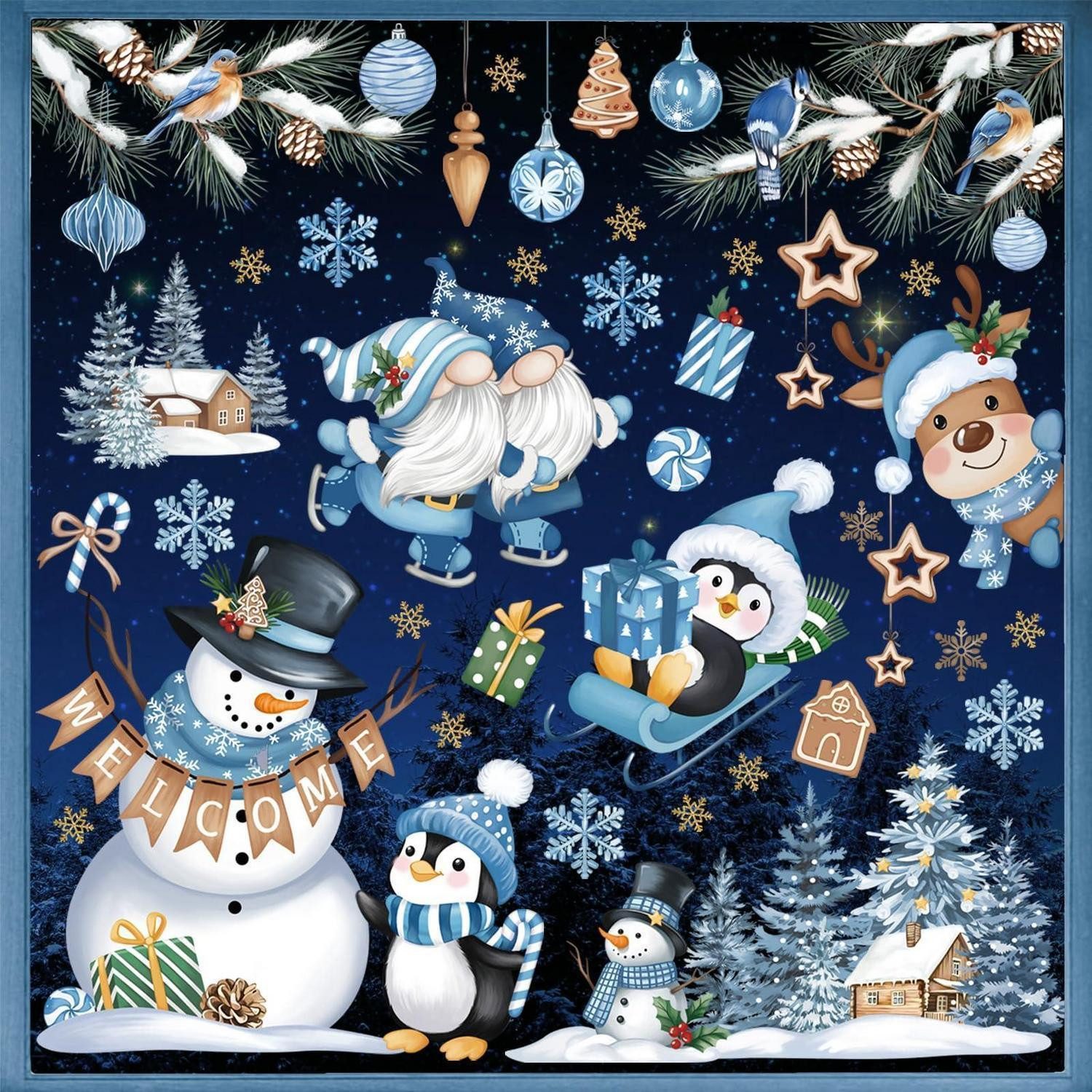 LuxusKollektion Fensterbild Fensterbilder Weihnachten Pinguine Schneemann Blau