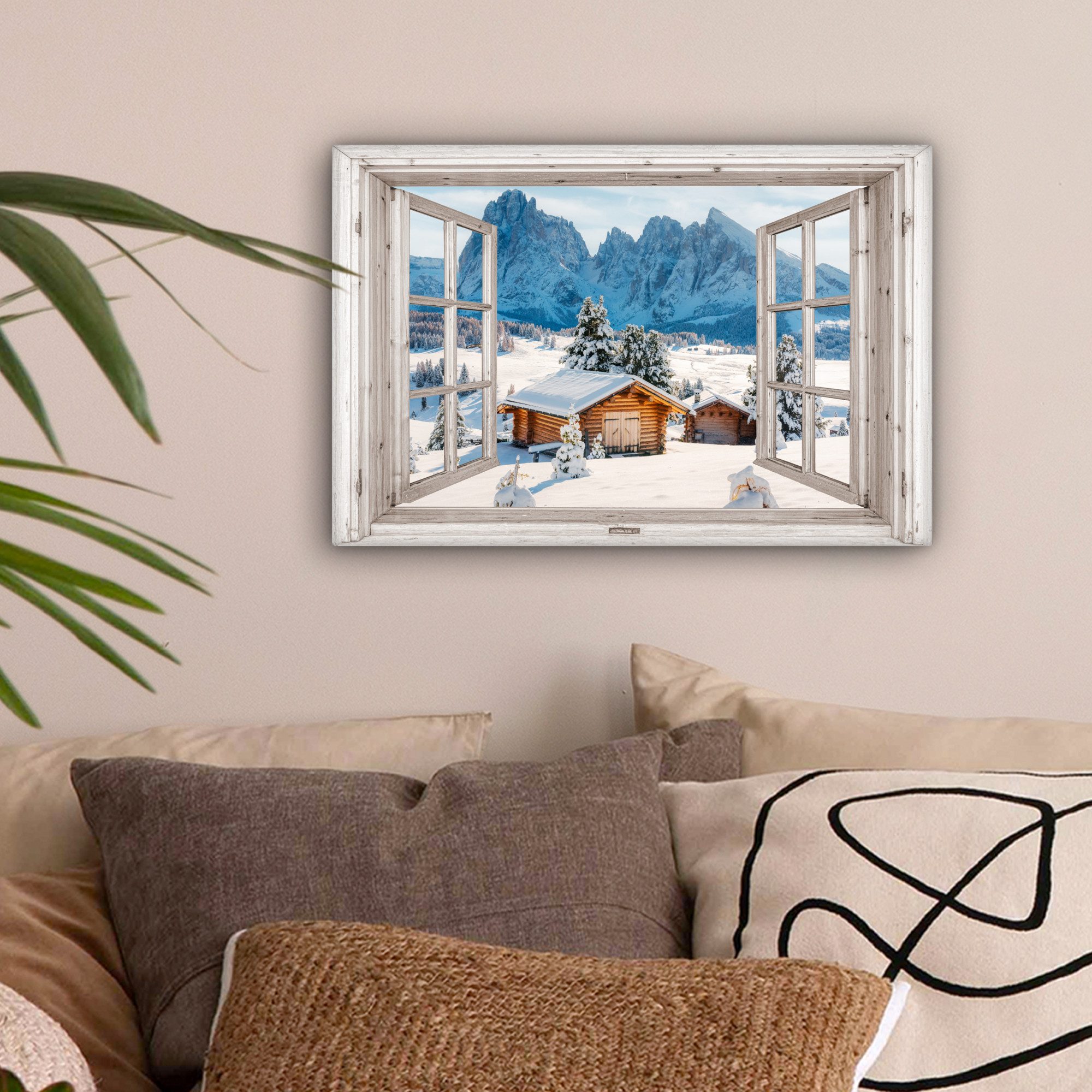 OneMillionCanvasses® Leinwandbild Winterlandschaft - Hütte - Berge - Ausbli günstig online kaufen