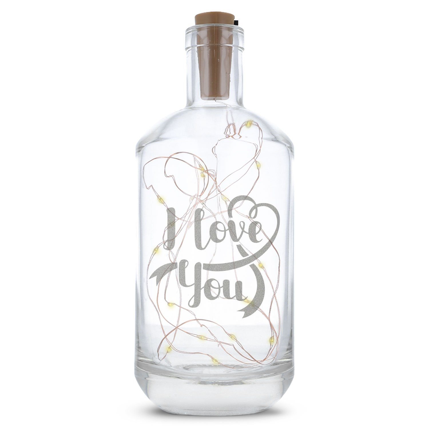 GRAVURZEILE Lichterkette Flasche mit Gravur - I love you, 20 LEDs Lichterkette mit Schalter am Korken Drahtlichterkette
