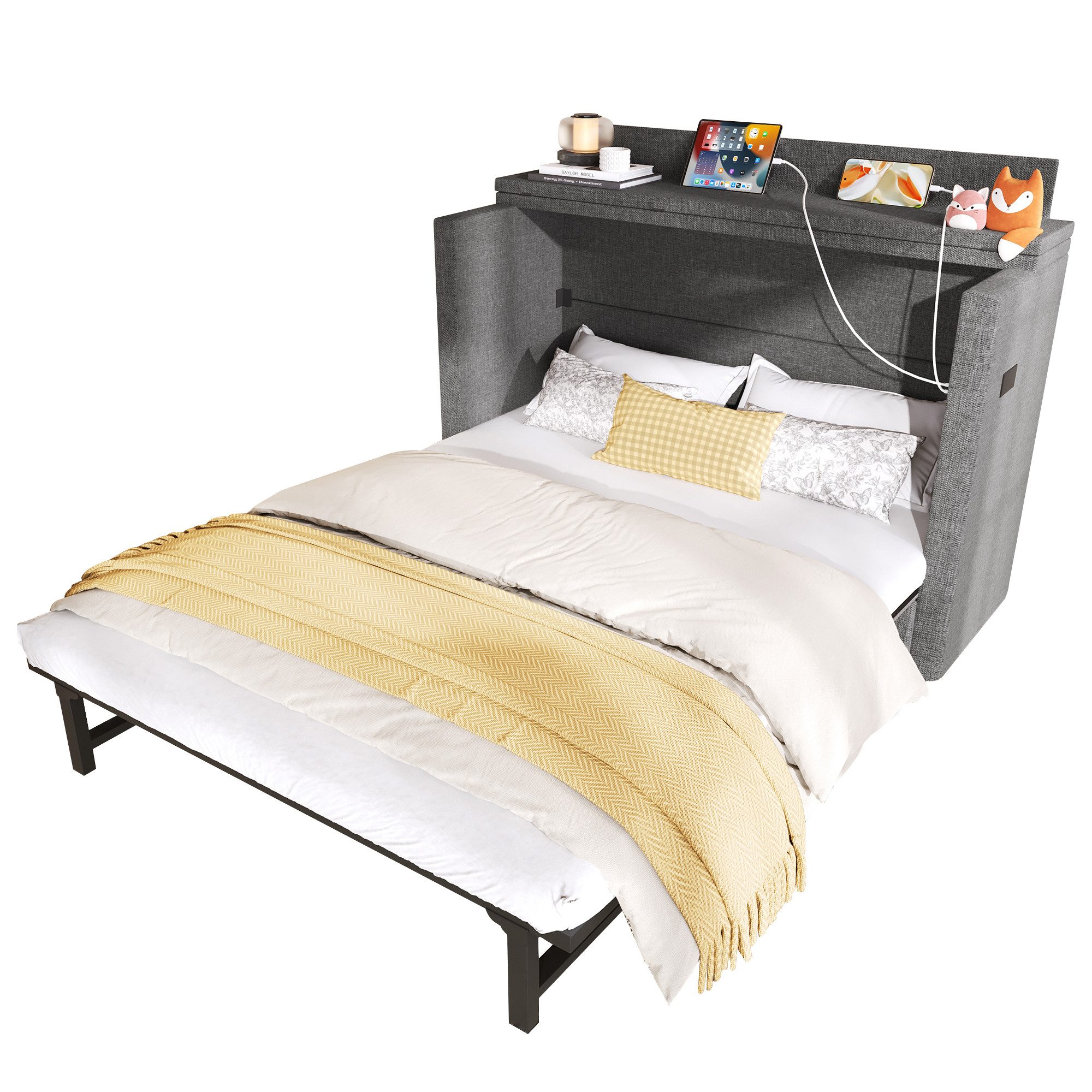 SOFTWEARY Schrankbett mit Mehrfachsteckdose und Schubladen (140x200 cm) Wandklappbett, horizontal klappbar, platzsparend, Leinen