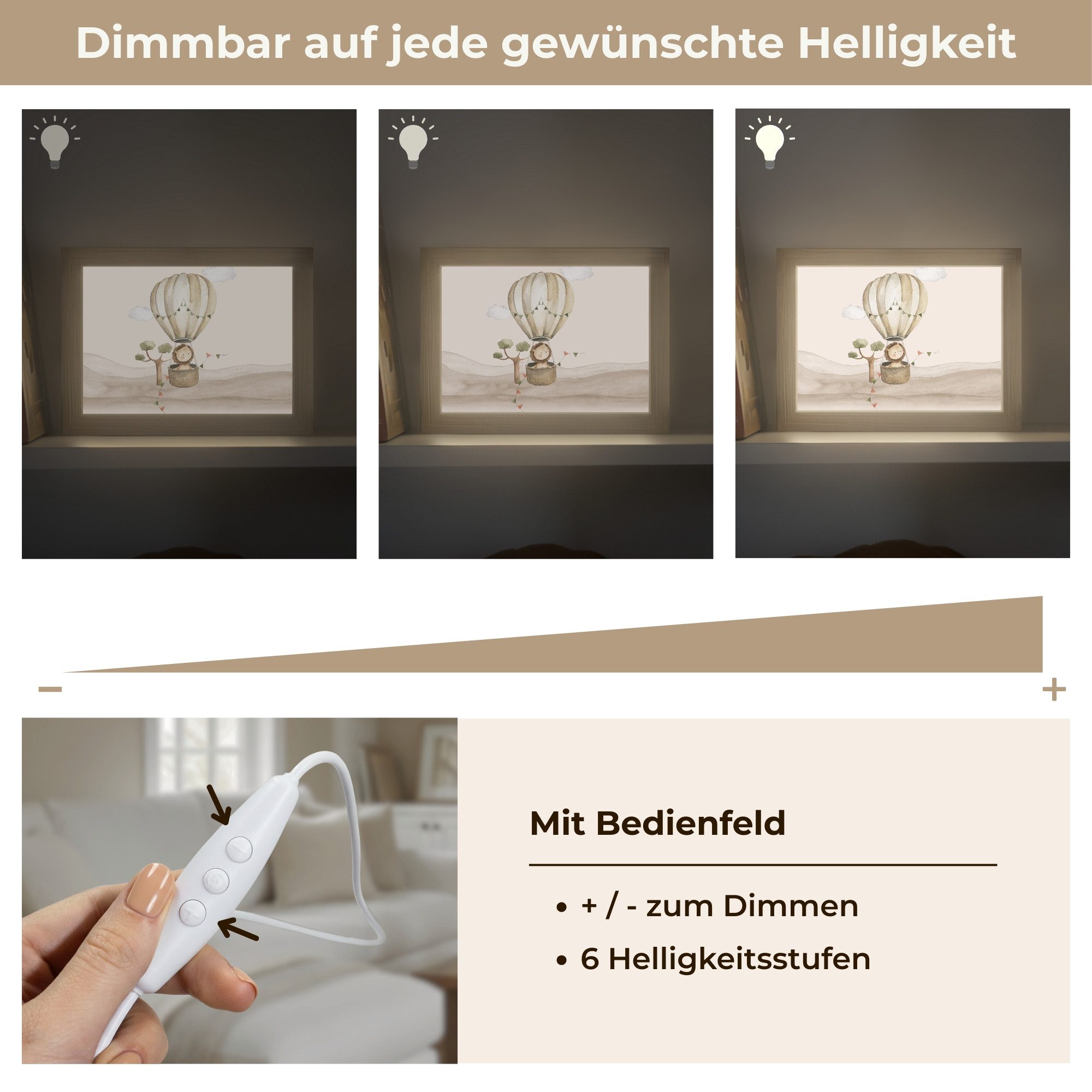OnlyWow Wandleuchte Lightbox Heißluftballon - Löwe - Aquarell - Safari - Tiere - Jungen, Dimmbar, Farbwechsel, LED, Warmweiß, Kaltweiß, Neutralweiß Einstellbar, Wandlampe Innen, Dimmbar, mit Kabel, LED, Modern, Kinder