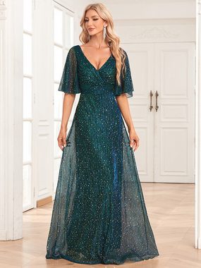 ZWY Abendkleid Glitzernde, durchsichtige Schmetterlingsärmel (Abendkleid, bodenlanges Kleid mit Mesh-Pailletten) Plissee-Hochzeitskleid mit V-Ausschnitt
