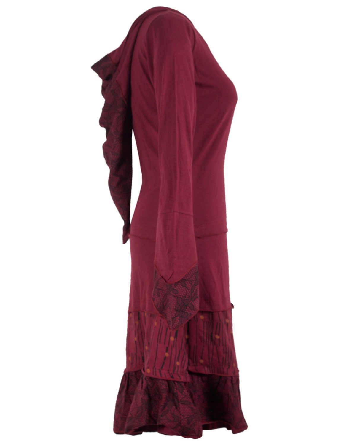 Vishes Jerseykleid Lagenlook Patchworkkleid mit Zipfelkapuze, Rüschen Hippie, Boho, Goa Elfen Style