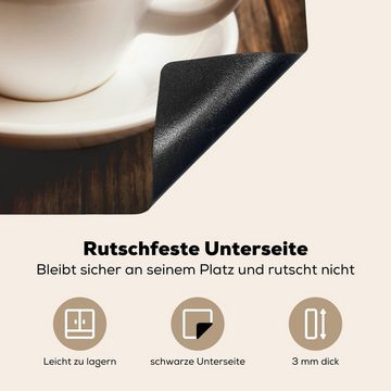 MuchoWow Herdblende-/Abdeckplatte Eine heiße Tasse Kaffee mit Kaffeebohnen, Vinyl, (1 tlg), 58x51 cm, Küchen Dekoration für Induktionsherd, Induktionskochfeld