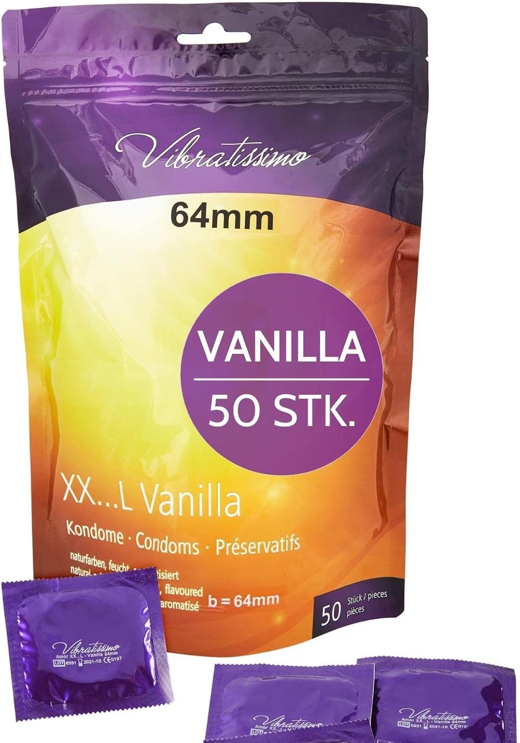 Vibratissimo Kondome Premium Vanilla, verschiedene Größen, aromatisiert mit dezentem Vanilleduft, 47-69mm Durchmesser