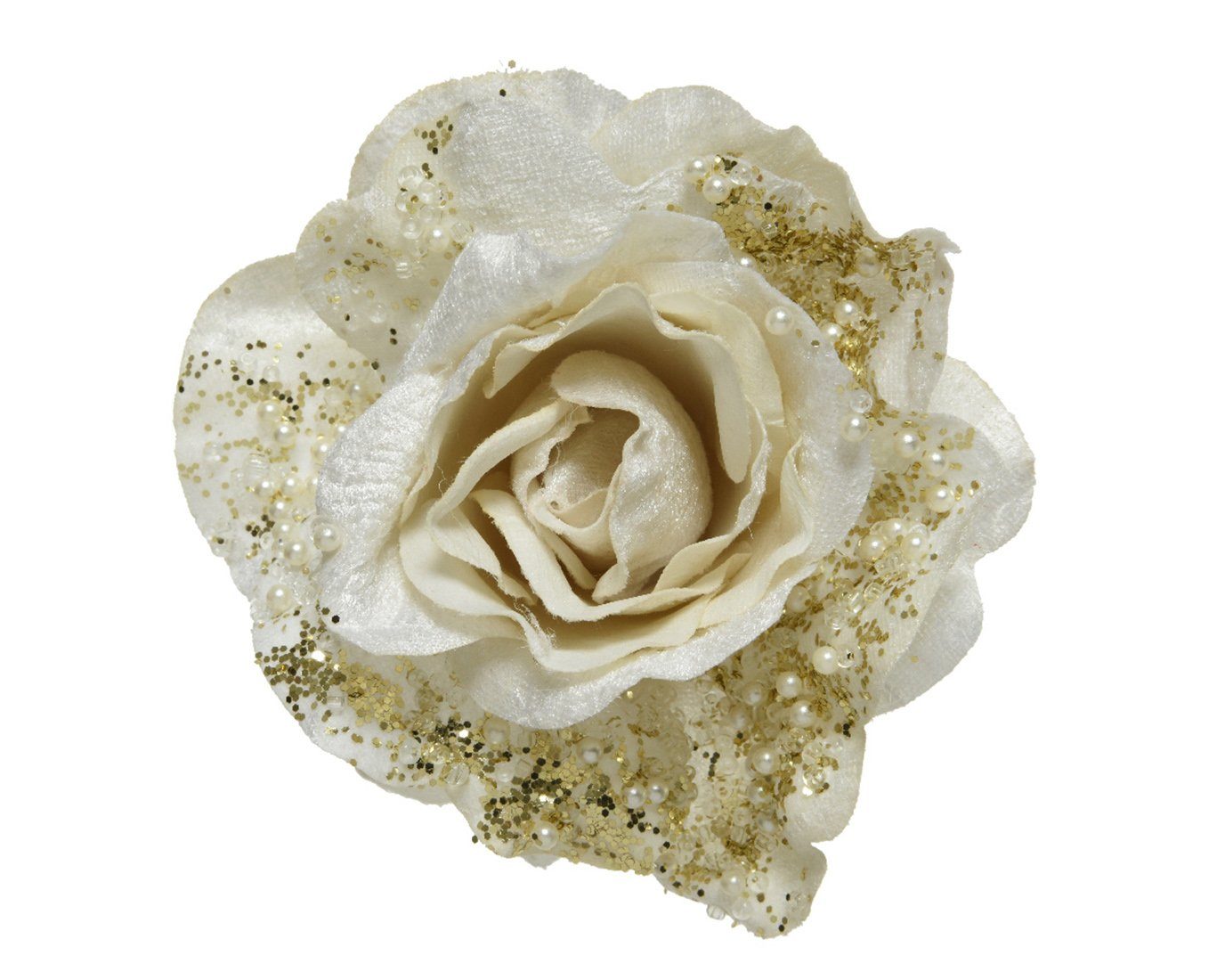 Kunstblume, Decoris season decorations, Kunstblumen Samt - Rose auf Clip 13cm weiß