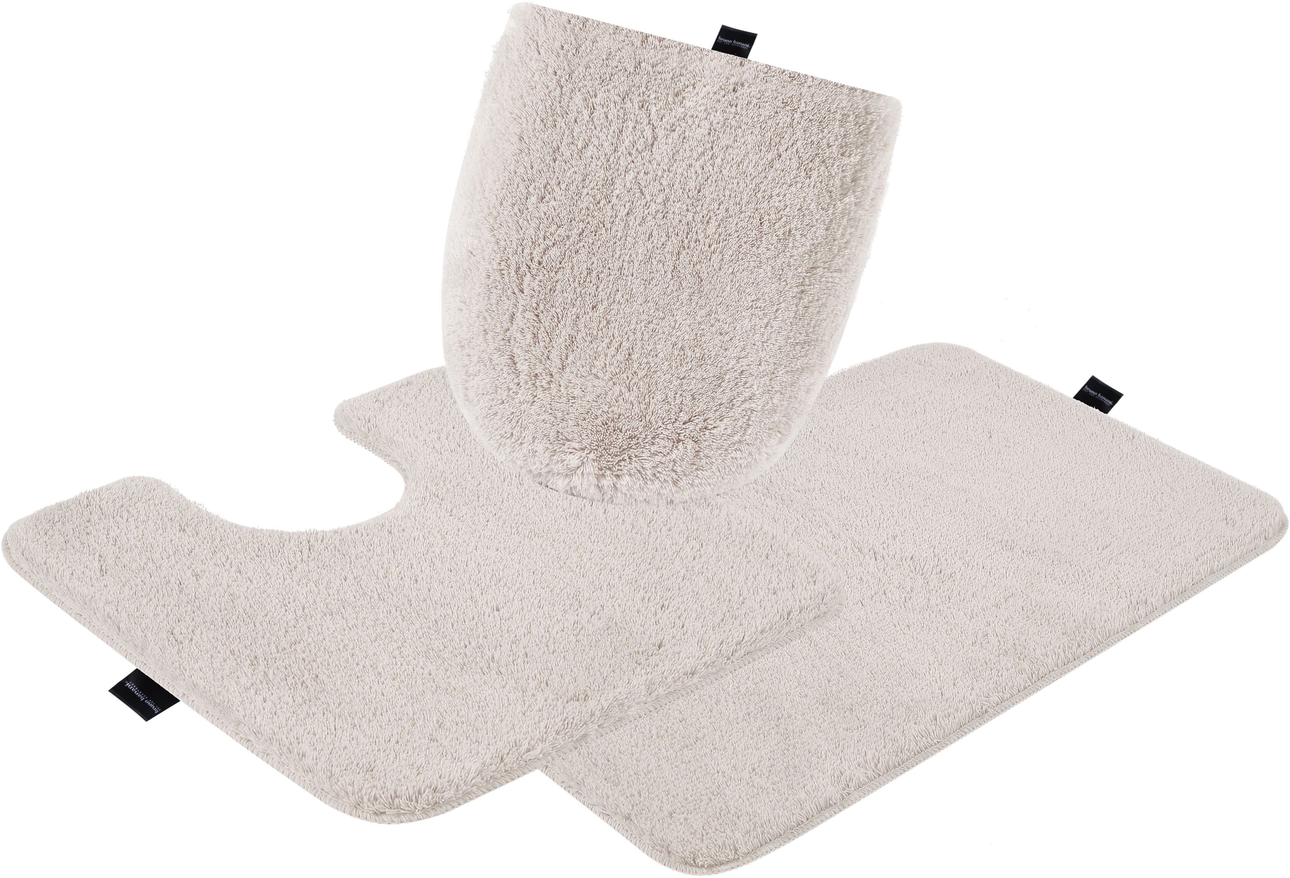 Bruno Banani Badematte Lana, Badvorleger, Badezimmer Teppich, Höhe 25 mm, rutschhemmend beschichtet, fußbodenheizungsgeeignet, schnell trocknend, strapazierfähig, Polyacryl, rechteckig, 3-tlg. Stand-WC Set, Badteppich, Badematten, unifarben, auch als 3 teiliges Set & rund