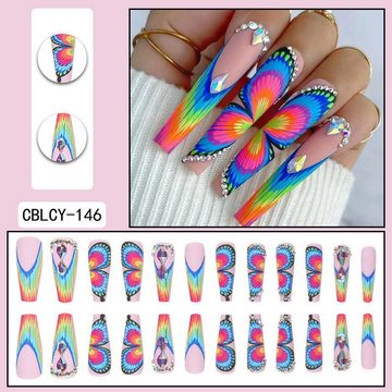 YRIIOMO Kunstfingernägel Schmetterlings-Regenbogen-tragbare Nägel mit Diamant-Farbverlauf, tragbare Nagelaufkleber, Nagelkunst, fertige Maniküre