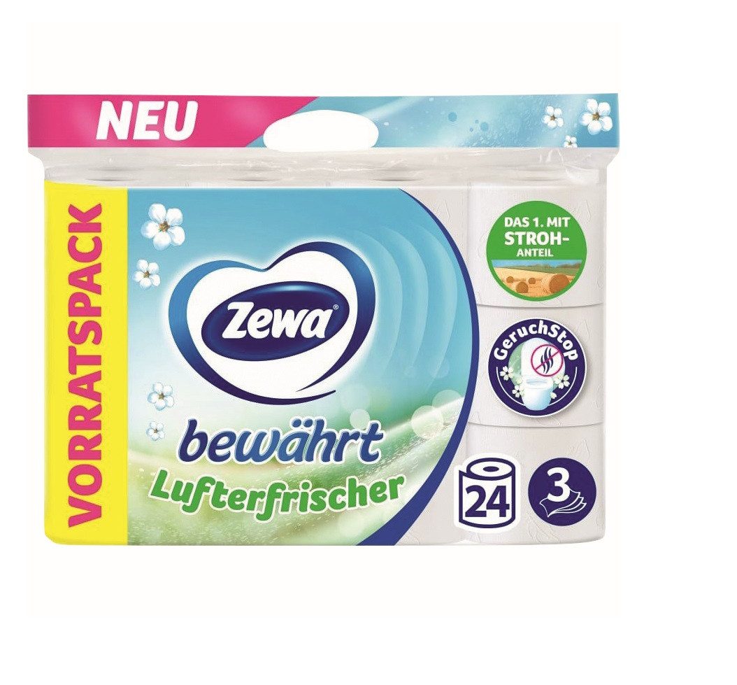 ZEWA Toilettenpapier Bewährt Lufterfrischer Toilettenpapier, 3-lagig, 24 Rollen à 150 Blatt (24-St), zwei weichen Außenlagen, eine dicke und starke Innenlage