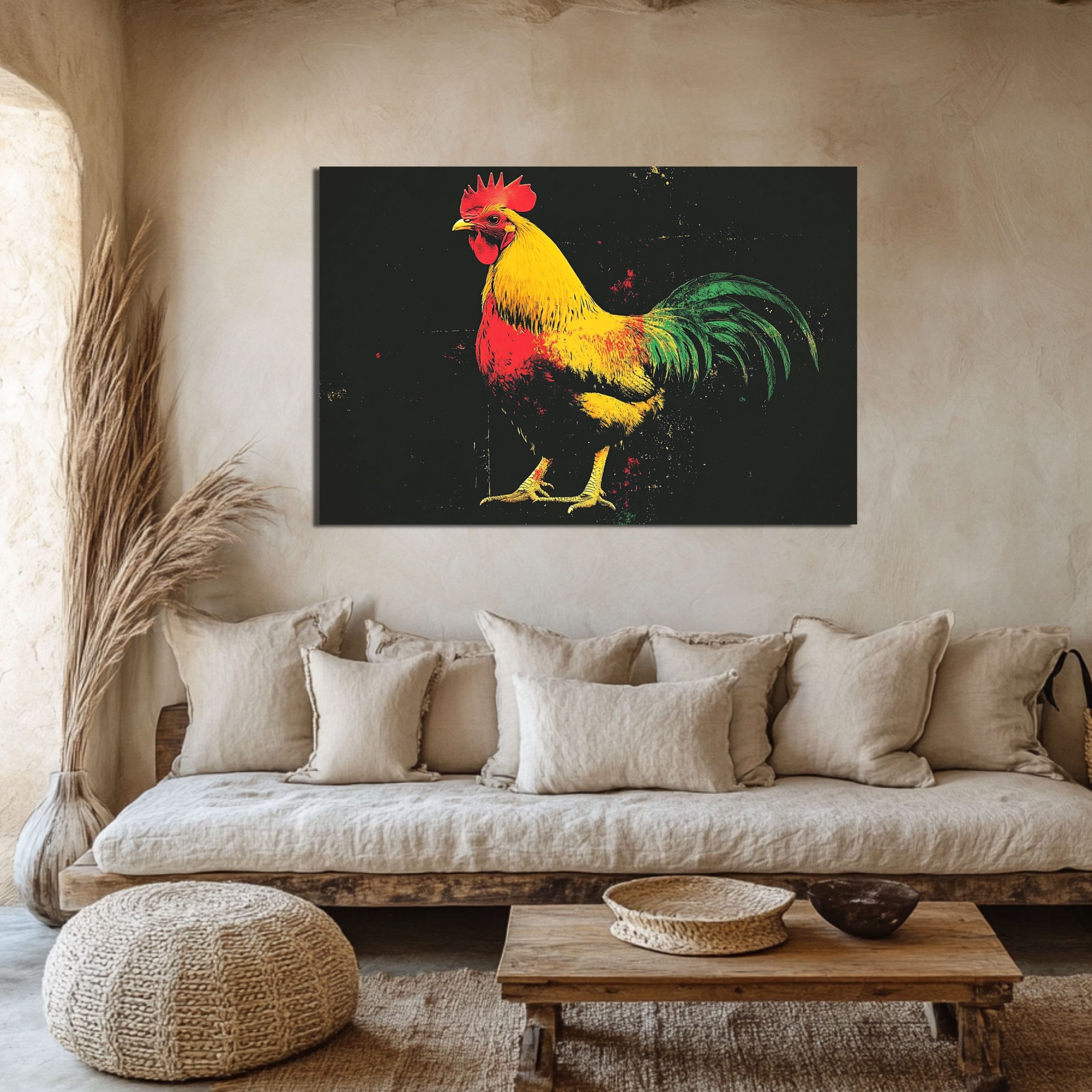 DARO Design Leinwandbild Modern Abstrakt Wandbilder XXL Wandbild Wand Deko Leinwand Bilder, (Hahn Warhol Glitch - Bild groß Wohnzimmer Schlafzimmer Küche Esszimmer Einteilig Querformat Fotodruck Leinwände Wanddeko Abstrakte Kunst Boho), 84x56cm