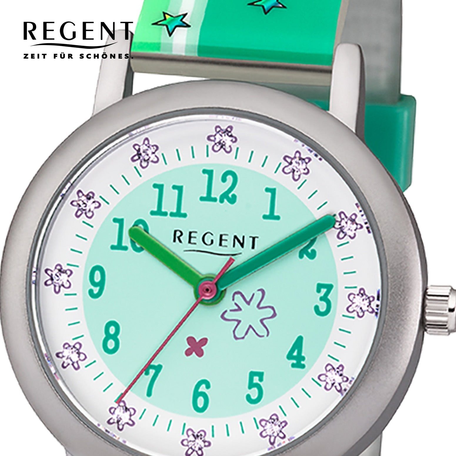 Regent Quarzuhr Regent Kinder-Armbanduhr grün Analog, Kinder Armbanduhr  rund, klein (ca. 28mm), Kunststoffarmband