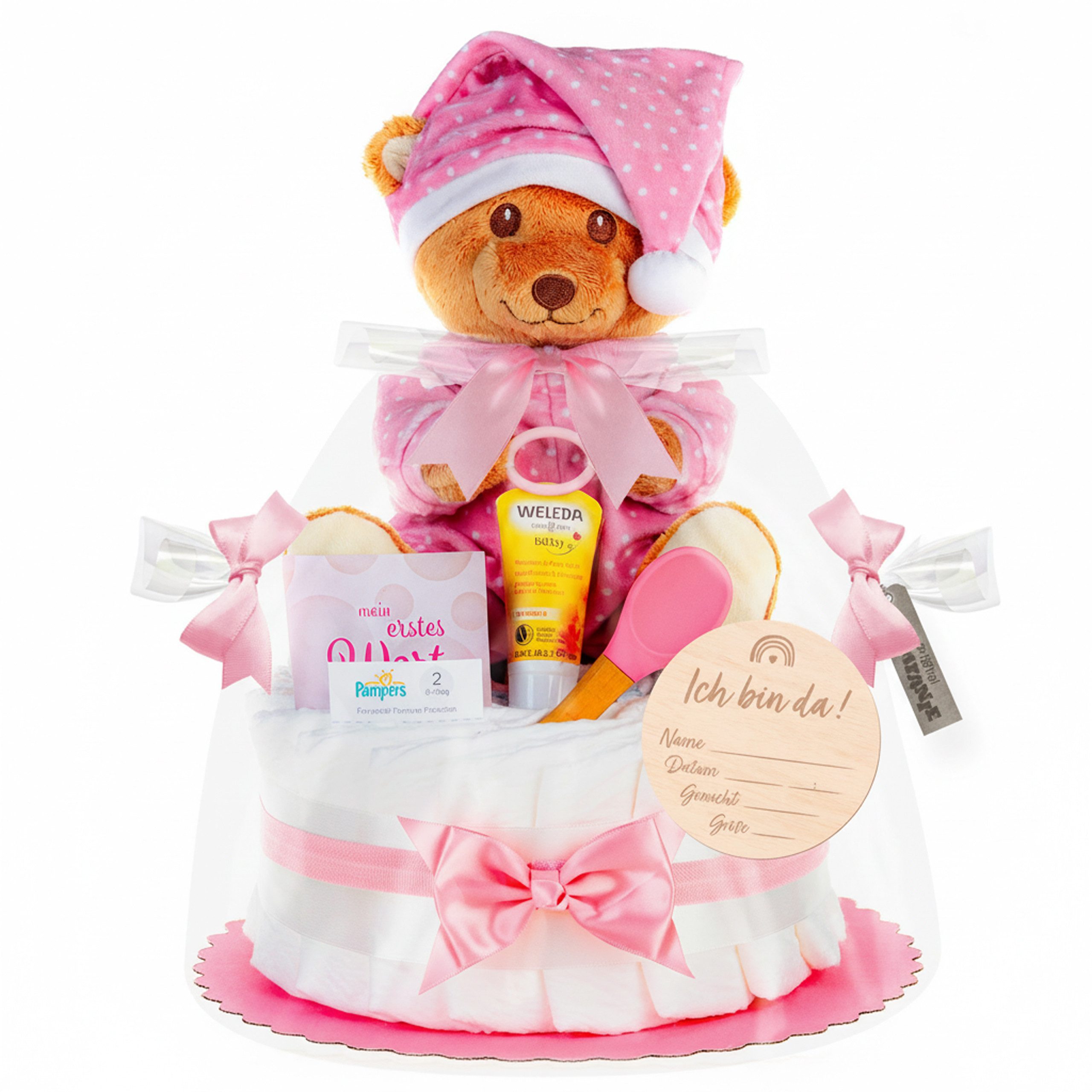 Timfanie Windeln & Wow, Windeltorte mit LiebhabBÄR, rosa, 0-5 Monate (28-St., /Set: Premium Pampers + Kuscheltier + wertige Accessoires), Geschenk zur Geburt &  – Bild 3 von 5