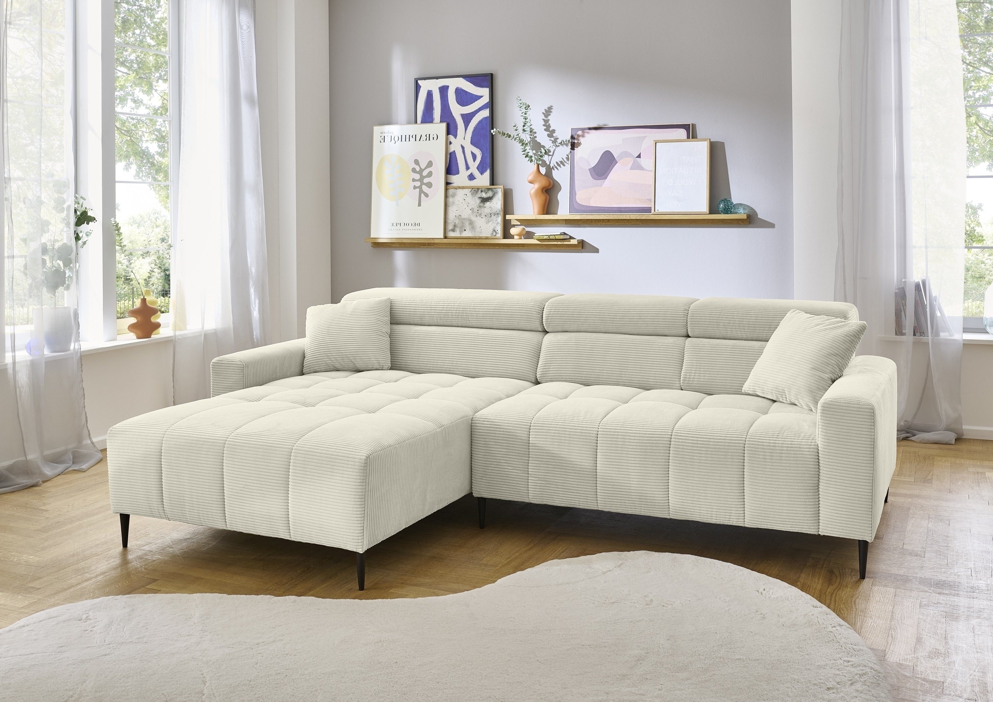 Iwaniccy Wohnlandschaft elektr. Sitztiefenverstellung, feiner Cord creme - 256x100x180 (BxHxT)