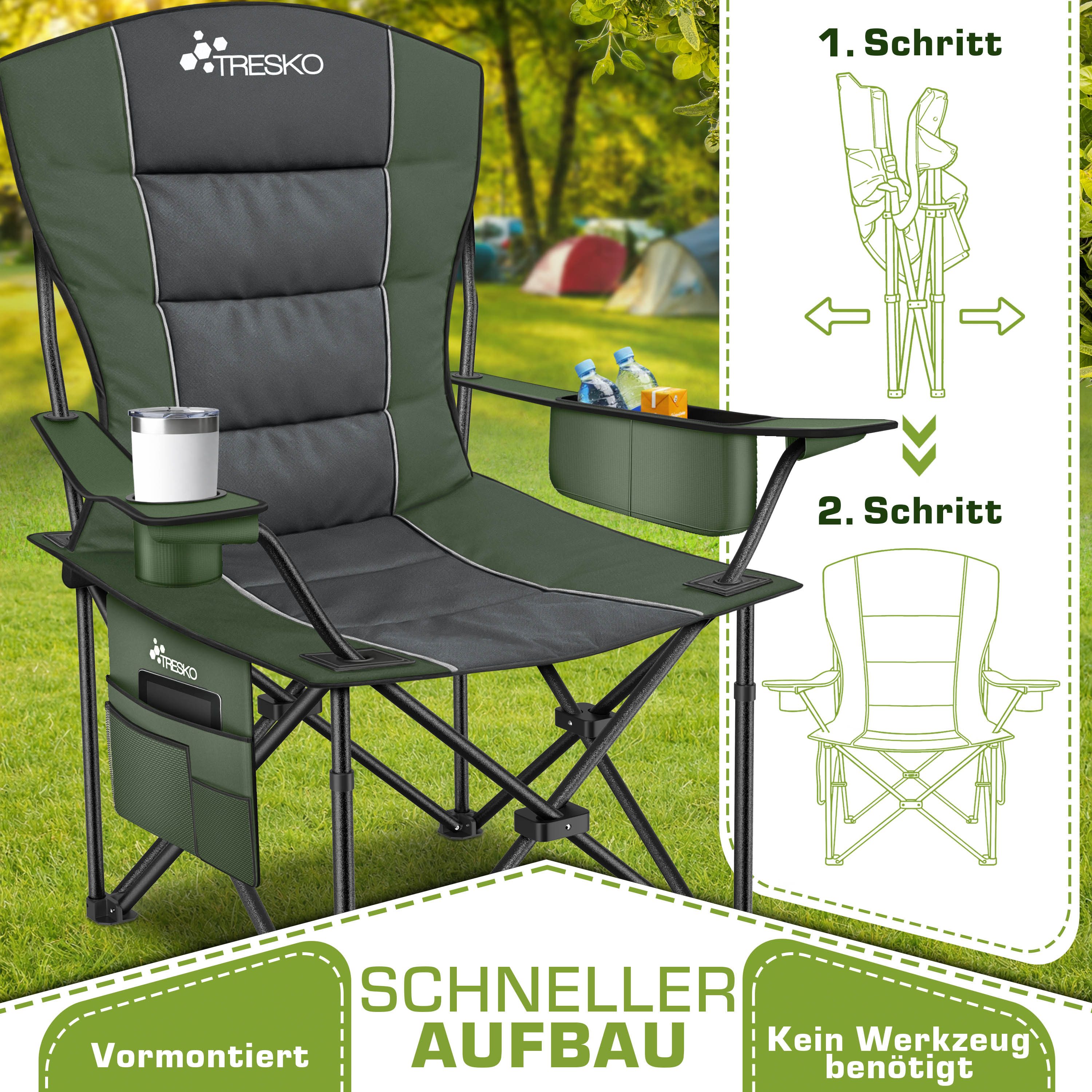 TRESKO Campingstuhl Faltbar bis 200kg Faltstuhl mit Kühltasche, Getränkehalter (Seitentasche, Klappstuhl XXL inkl. Tragetasche Angelstuhl), gepolstert für Outdoor, Angeln, Festival & Garten