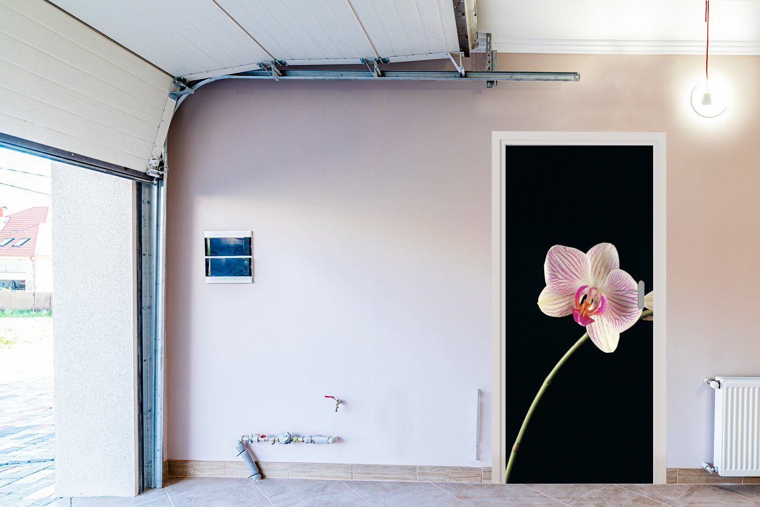 Matt, bedruckt, (1 Knöpfe, MuchoWow Türtapete Türaufkleber, Rosa - Fototapete - cm St), Schwarz Orchidee 75x205 - Blumen - Tür, für