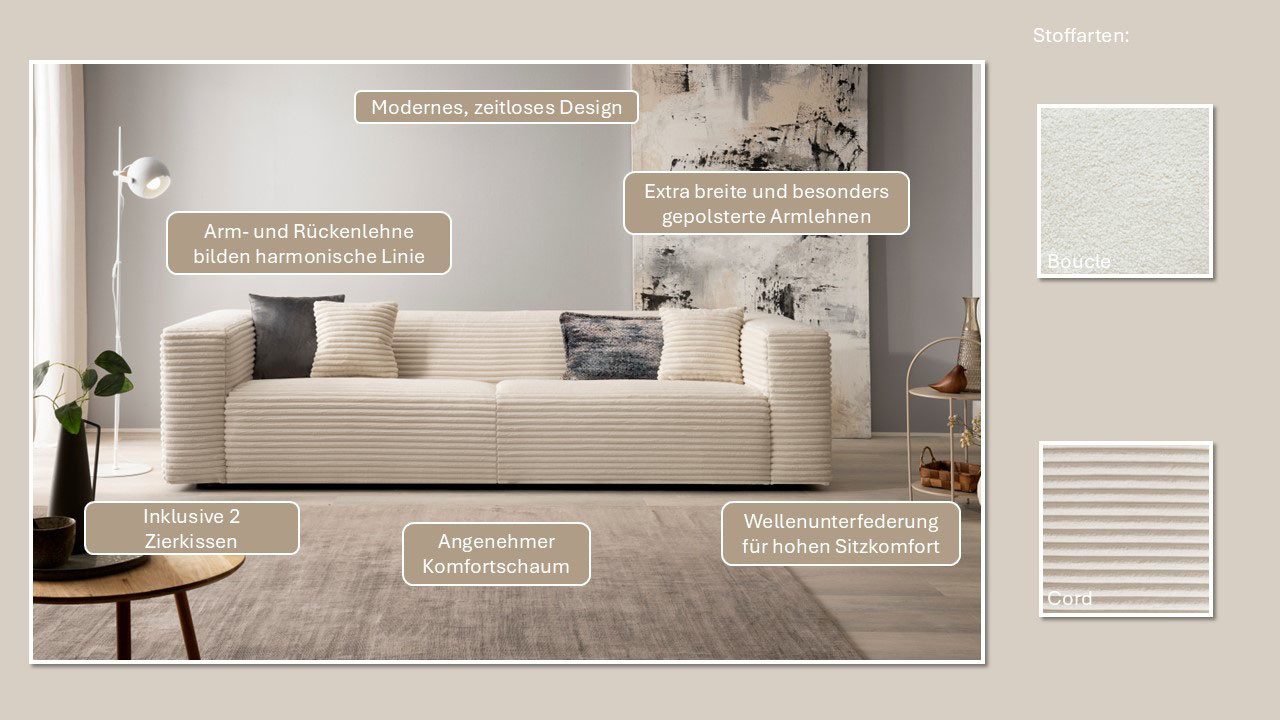 Home affaire 3-Sitzer BAKELS, Couch in Cord oder Boucle-Stoff, Sofa im modernen Design, bequemer Sitzkomfort,in 2 Stoffen und 8 Farben lieferbar