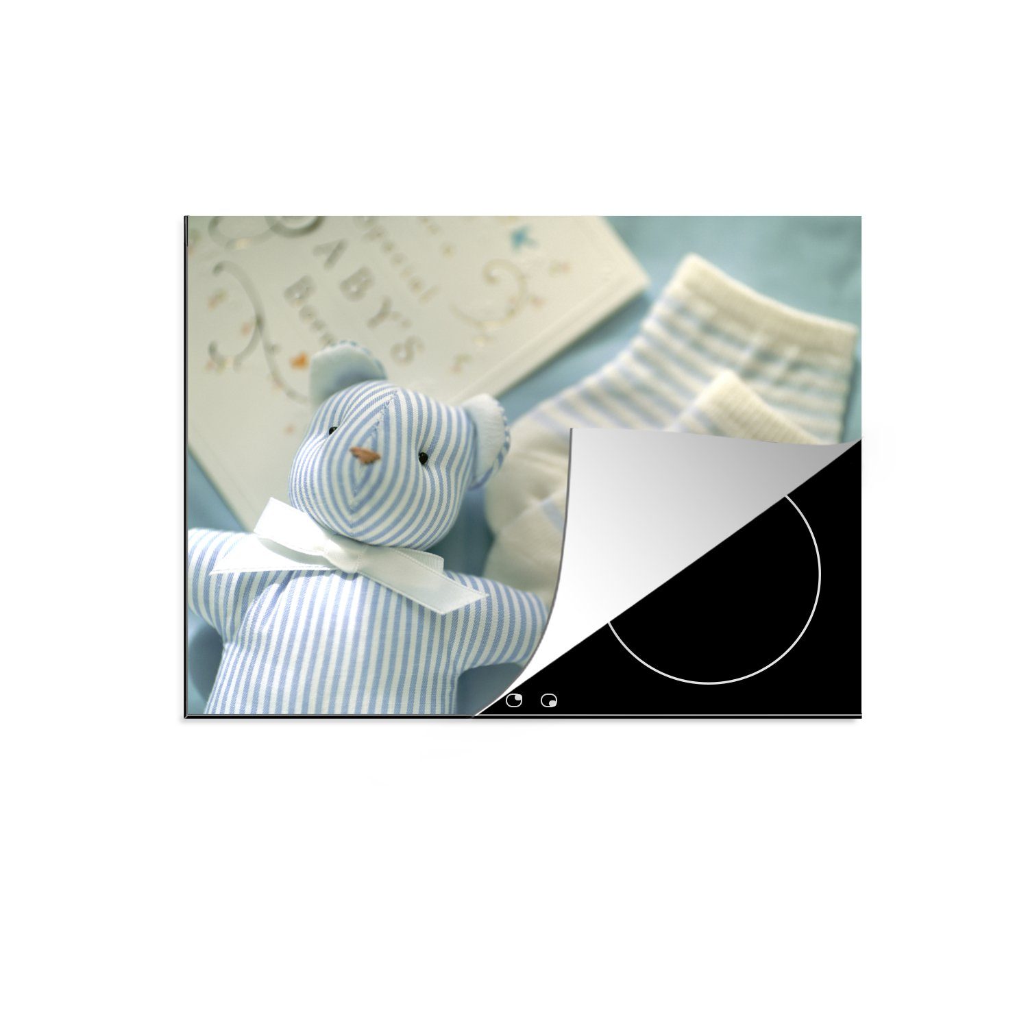 MuchoWow Herdblende-/Abdeckplatte Blauer Teddybär und Socken, Vinyl, (1 tlg), 70x52 cm, Mobile Arbeitsfläche nutzbar, Ceranfeldabdeckung