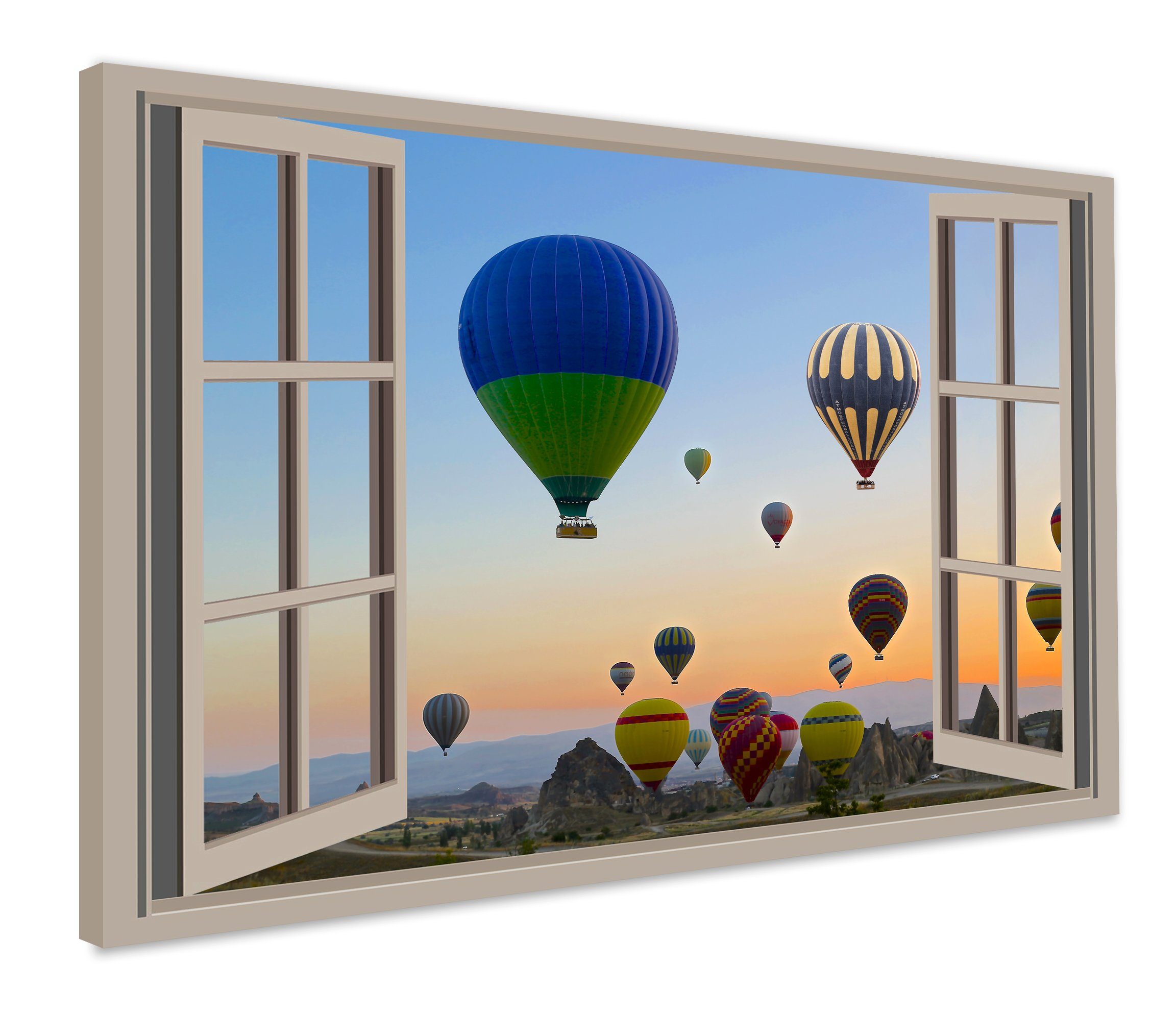 Leinwando Leinwandbild Gemälde / Fensterblick auf Heißluftballons - Moderne Kunst / Wanddekoration fertig zum aufhängen