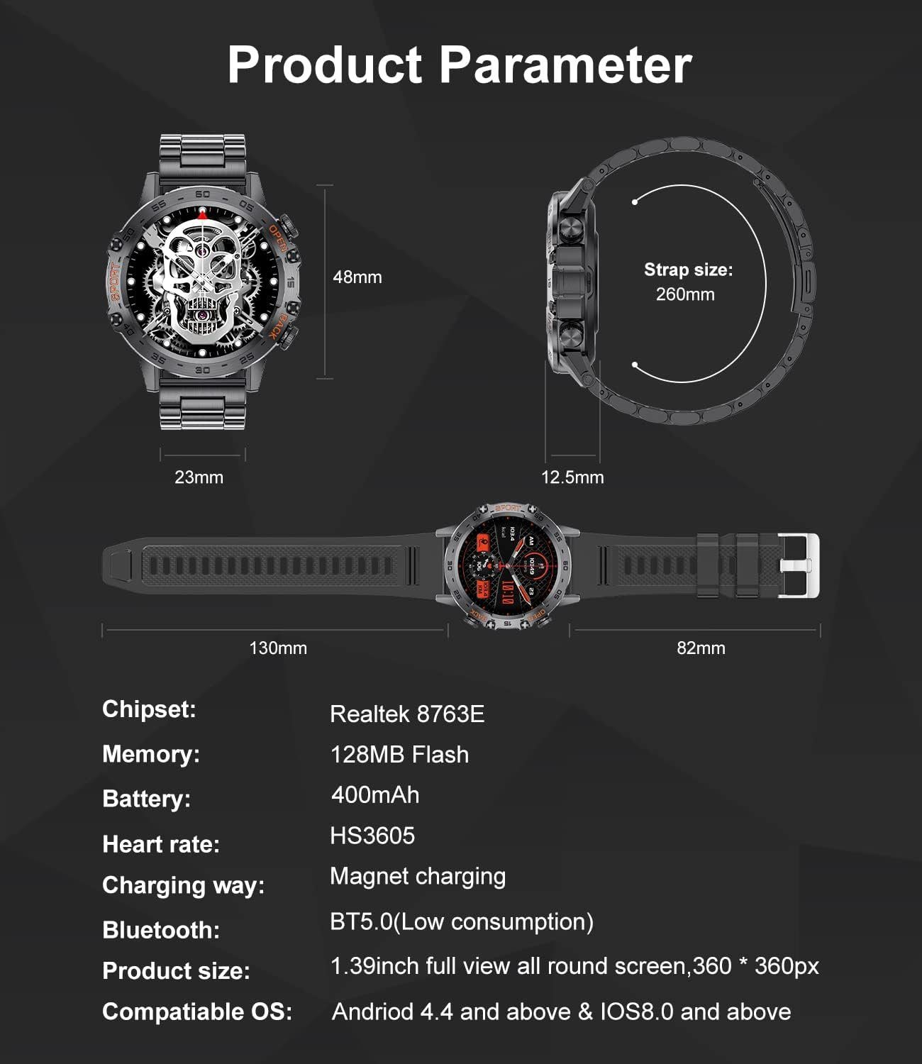 Akku mit Lige SpO2 Smartwatch Zoll, Android iOS), Sportuhr (1,39 Militär Sportmodi 400mAh Telefonfunktion 100