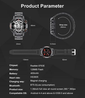 SUNKTA Smartwatch (1,39 Zoll, Android iOS), Smartwatch anrufe robuste fitnessuhr herzfrequenz schlafüberwachung