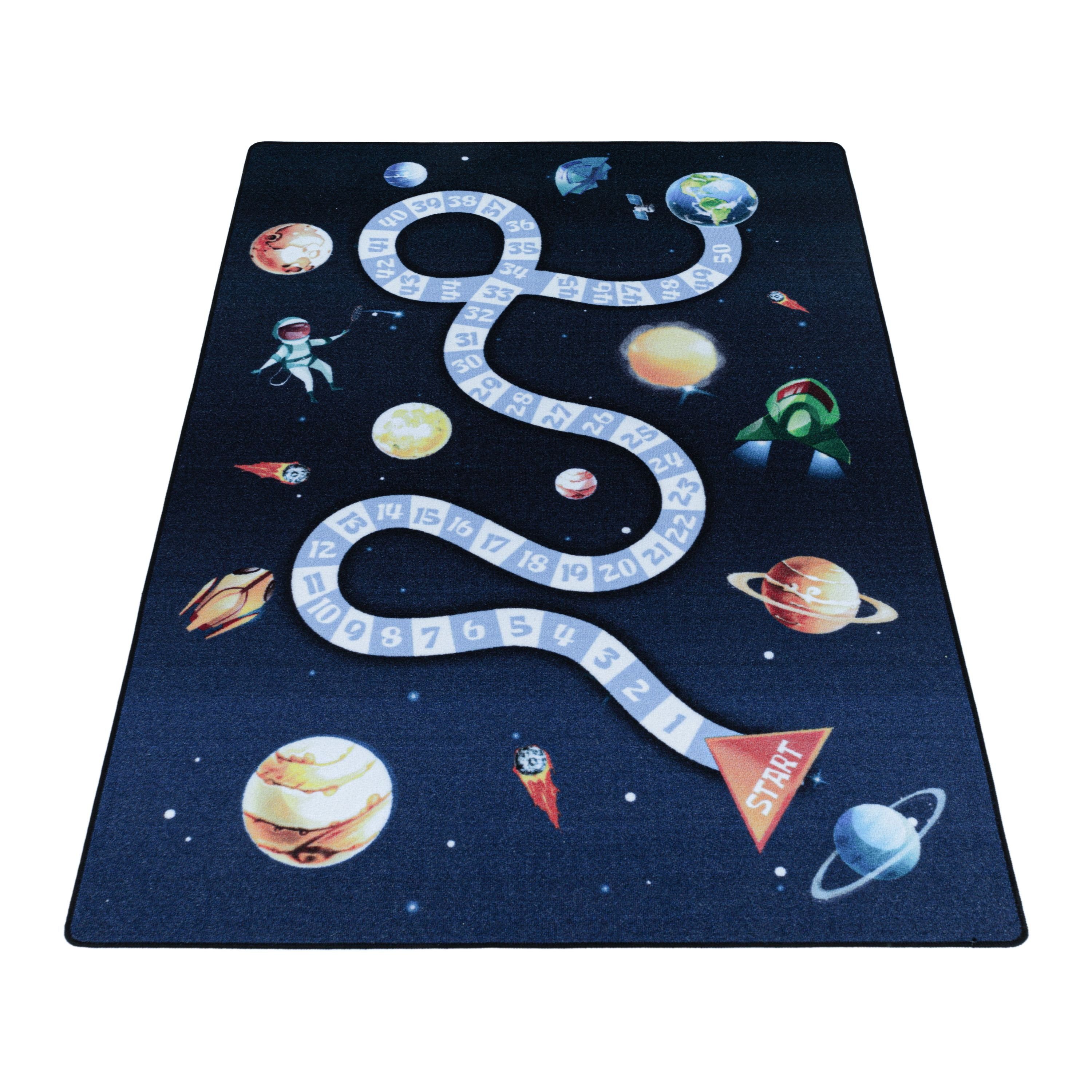 Teppium Teppich Weltraum Design, Rechteckig, Höhe: 7 mm, Teppich Kinderzimmer MarineWeltraum Design Rutschfest Waschbar