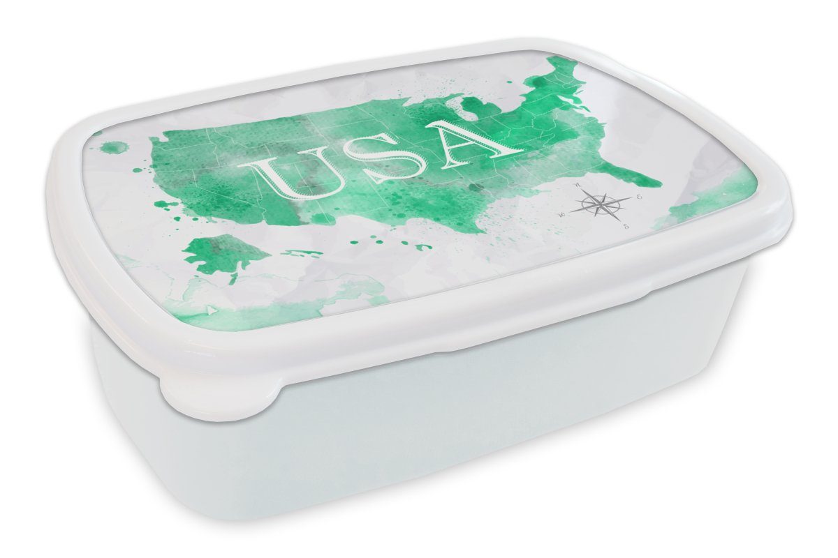 MuchoWow Lunchbox Weltkarte - Vereinigte Staaten - Grün, Kunststoff, (2-tlg), Brotbox für Kinder und Erwachsene, Brotdose, für Jungs und Mädchen weiß